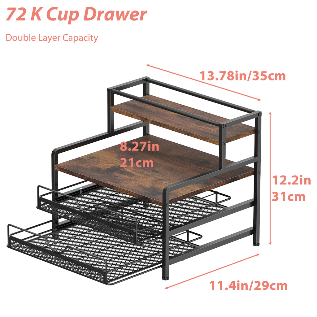 Drawer Stand Capsule Organizer, 2-layer Coffee Bag Holder with Sliding Basket, Suitable for 72 Capacity K-cups, Home Kitchen Counter Organizer, Rustic Brown, Suitable for Home Office Coffee Counter