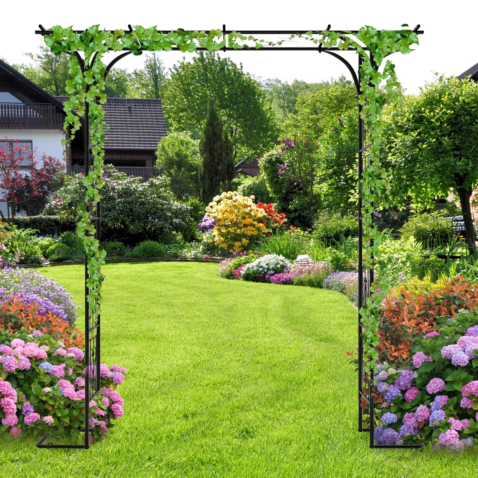 7FT Flat-Top Garden Arch Arbor - Modern Steel Trellis for Climbing Vines - Decorative Outdoor Gate for Backyard & Patio