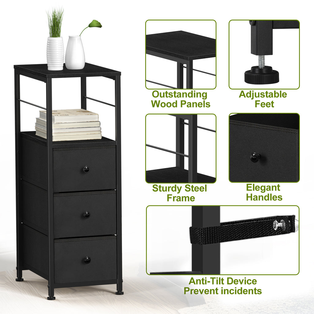 Narrow 3-Drawer Dresser - Slim Side Table with Storage for Small Spaces & Bathrooms, Black,