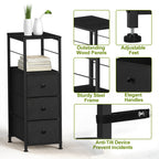 Narrow 3-Drawer Dresser - Slim Side Table with Storage for Small Spaces & Bathrooms, Black,