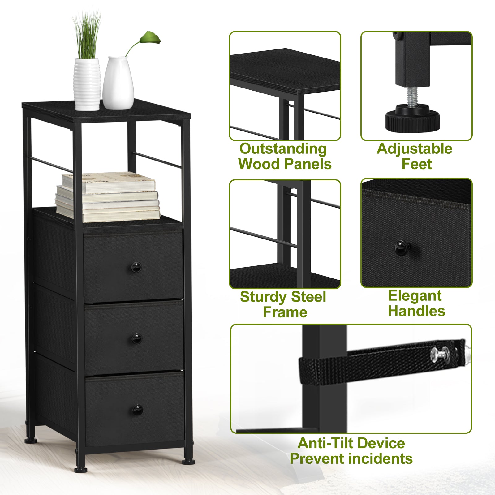 Narrow 3-Drawer Dresser - Slim Side Table with Storage for Small Spaces & Bathrooms, Black,