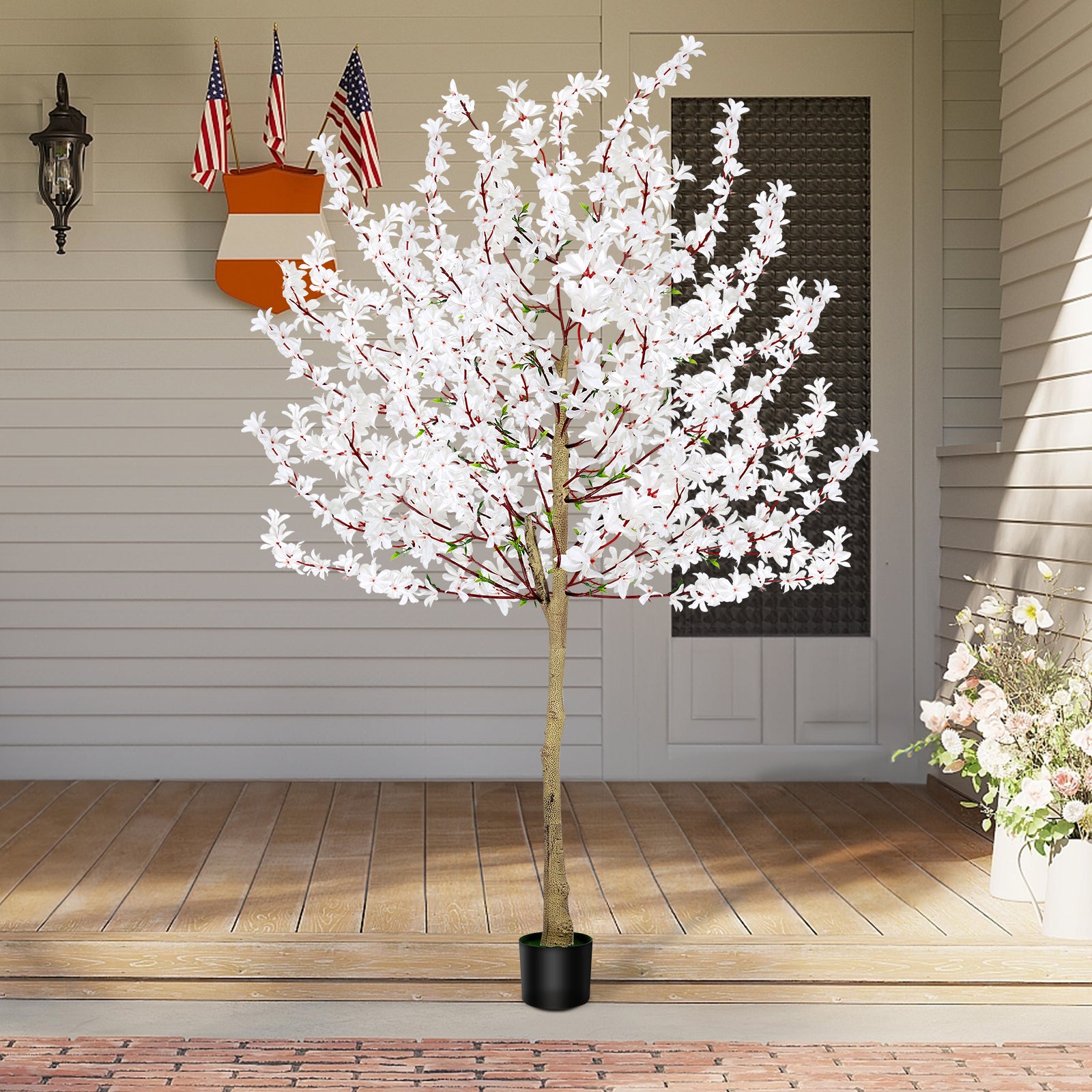6ft Artificial Winter Jasmine Tree with White Flowers, Tall Faux Potted Blooming Plant for Indoor Home Office & Wedding Decor