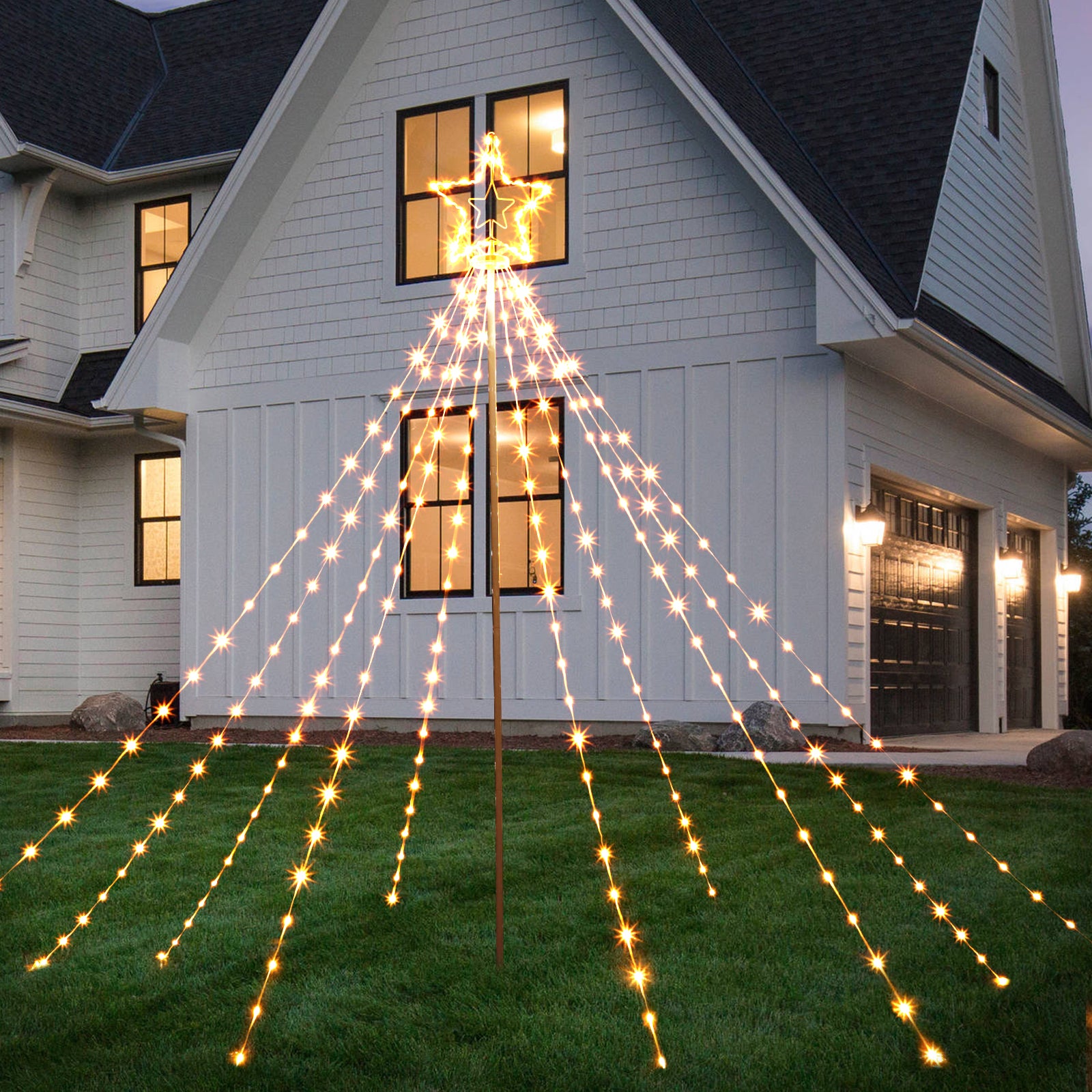 Outdoor Christmas Star Tree Light, 11-Foot Waterfall String Lights with Topper Star for Yard and Party Decorations, Warm White,