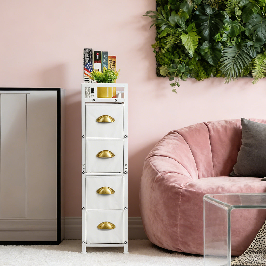 Narrow 4-Drawer White Fabric Cabinet - Slim Gaps Storage Tower for Laundry & Entryway