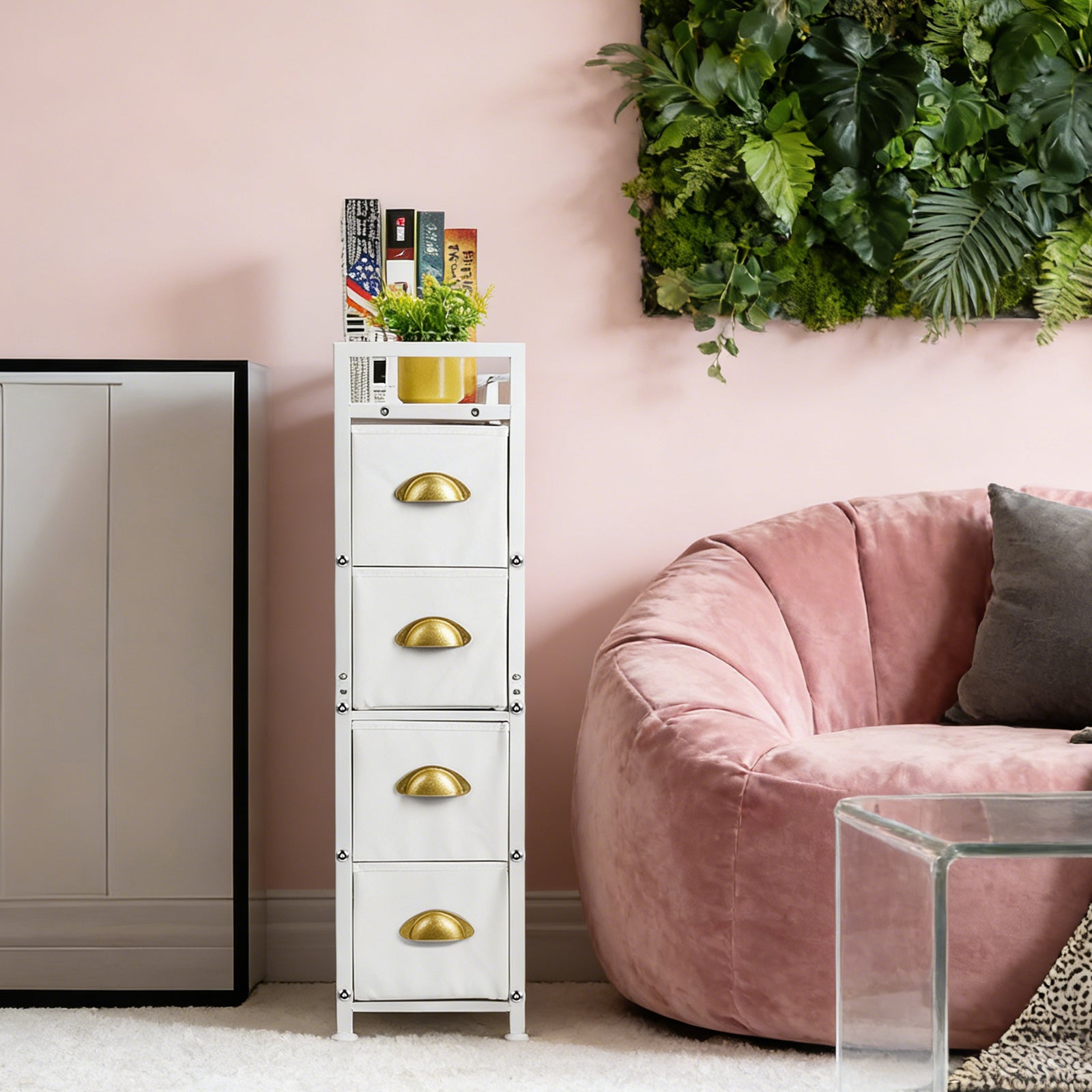 Narrow 4-Drawer White Fabric Cabinet - Slim Gaps Storage Tower for Laundry & Entryway