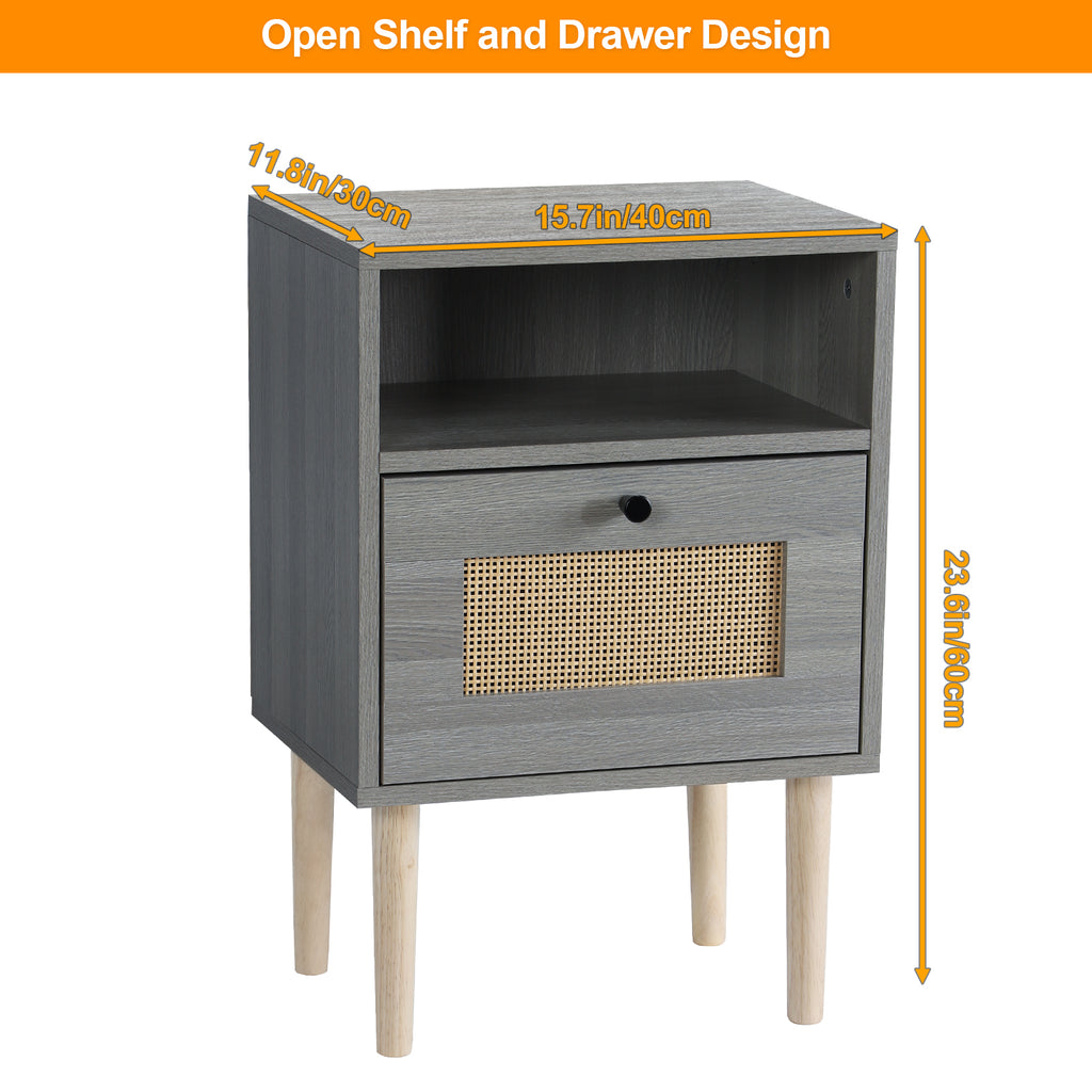 Mid-Century Modern Rattan Nightstand - Boho Grey Side Table with Drawer for Bedroom