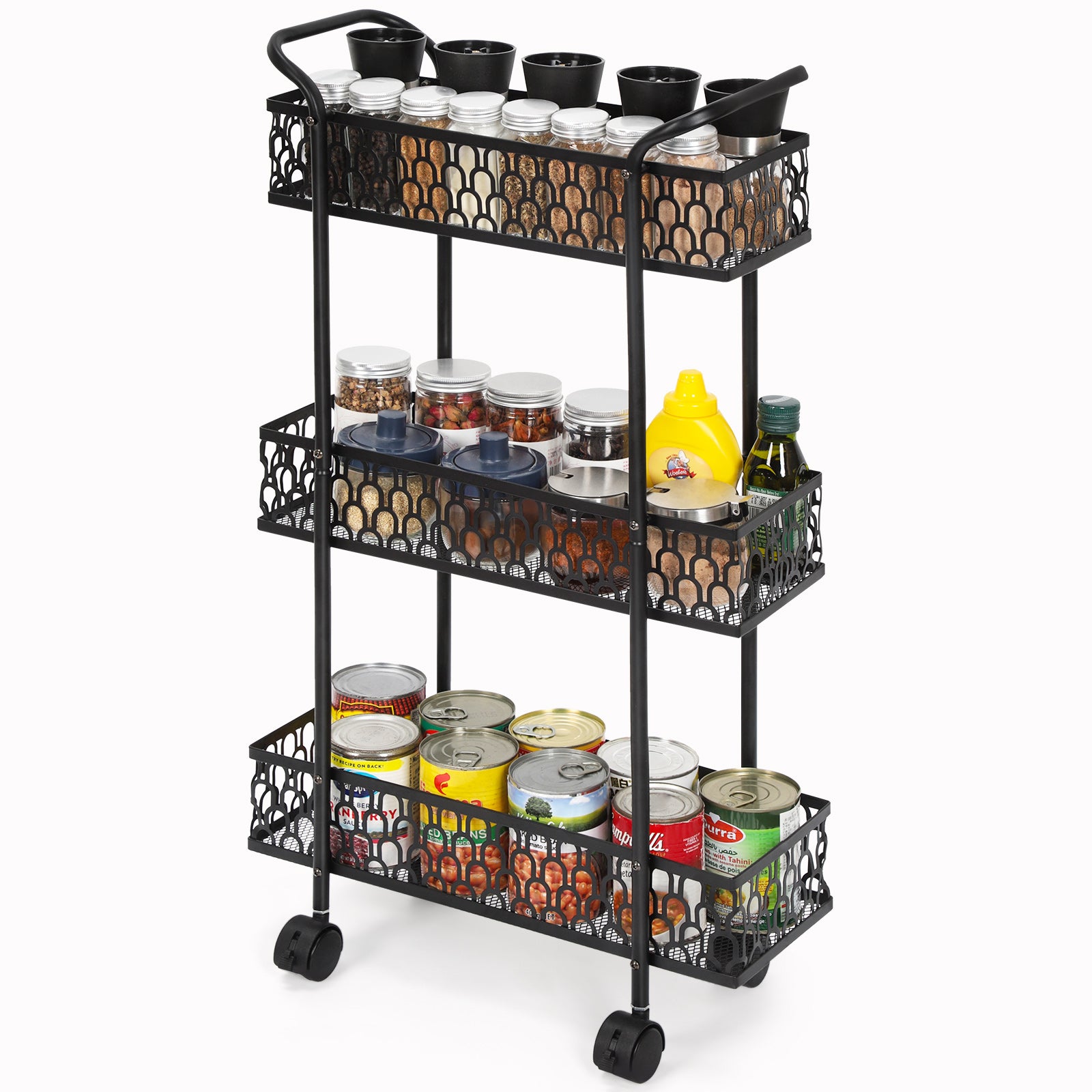 3 Layers, Slim Storage Cart with Wheels, Kitchen Rolling Cart Frame, Mobile Metal Storage Room Cart Frame for Bathroom Laundry, Rolling Multipurpose Cart for Tight Places Black