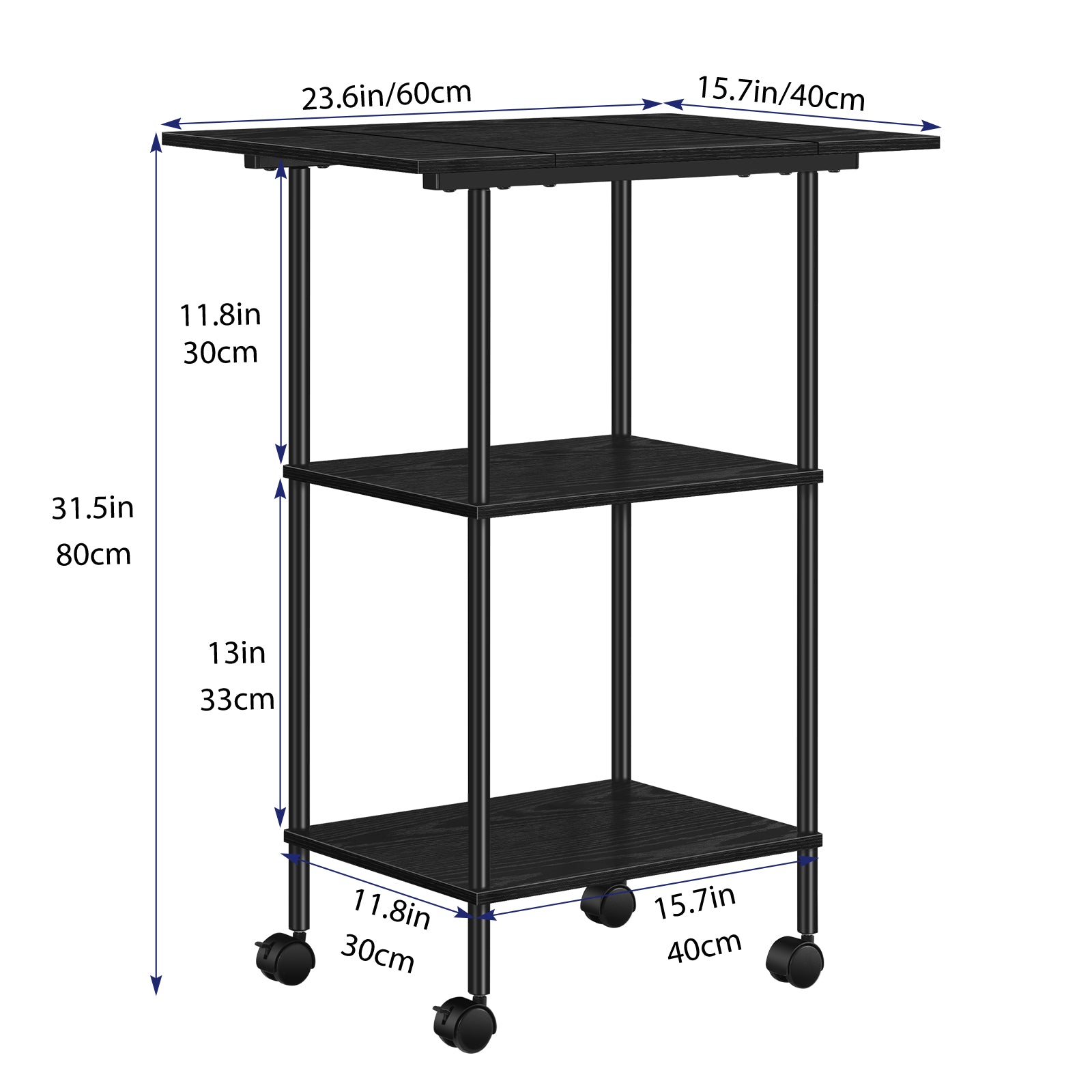 3-Tier Rolling Printer Stand with Storage - Mobile Under Desk Machine Cart for Home Office Supplies, Black,