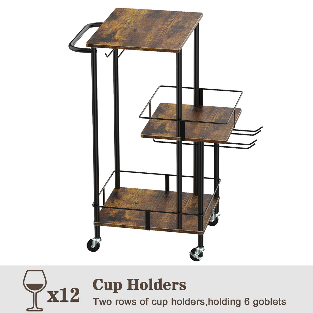 3-Tier Industrial Bar Cart - Mobile Wine Serving Trolley with Glass Holder & Bottle Storage,