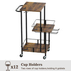 3-Tier Industrial Bar Cart - Mobile Wine Serving Trolley with Glass Holder & Bottle Storage,
