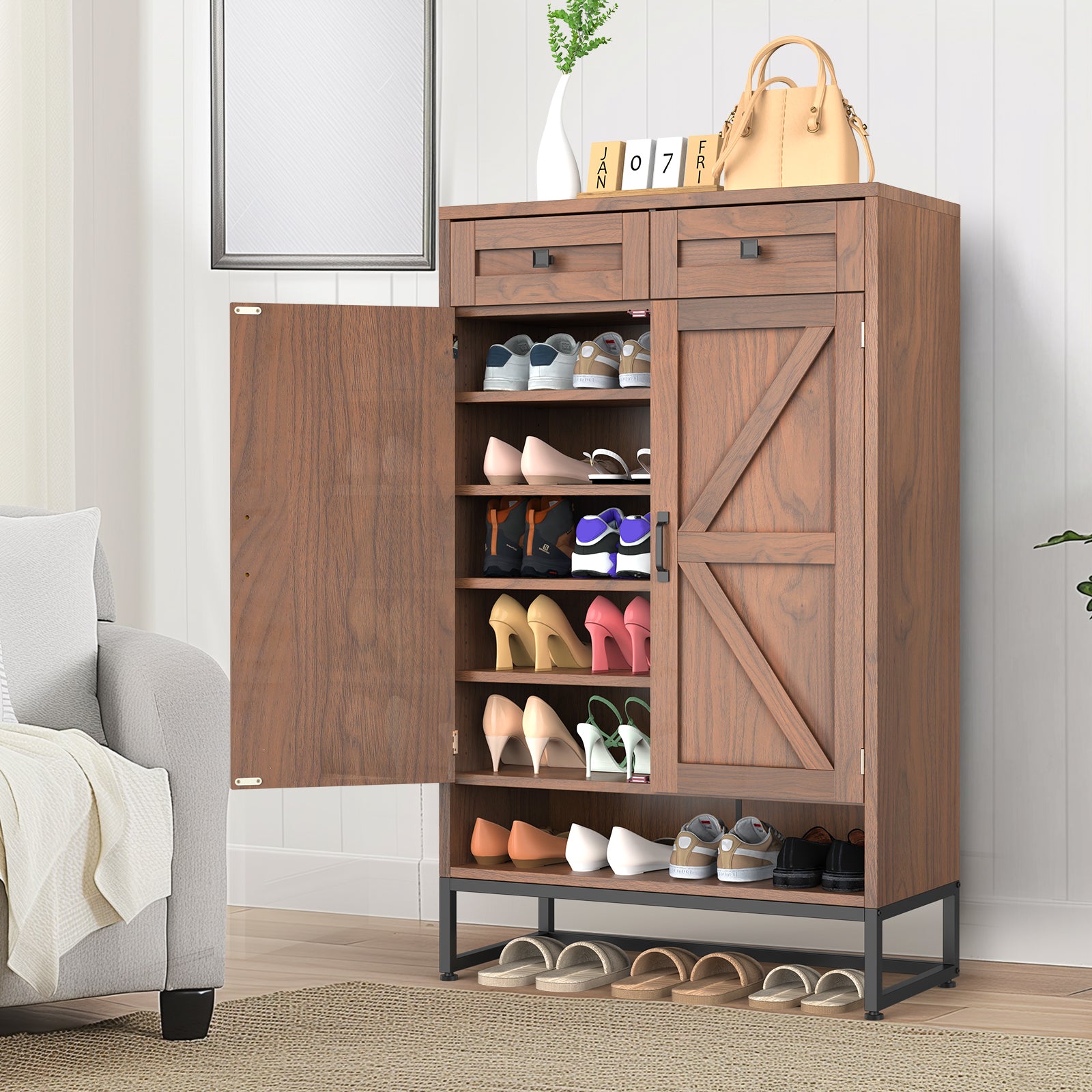 Rustic Brown Freestanding Shoe Storage Cabinet - Barn-Door Style Entryway Organizer with Adjustable Shelves