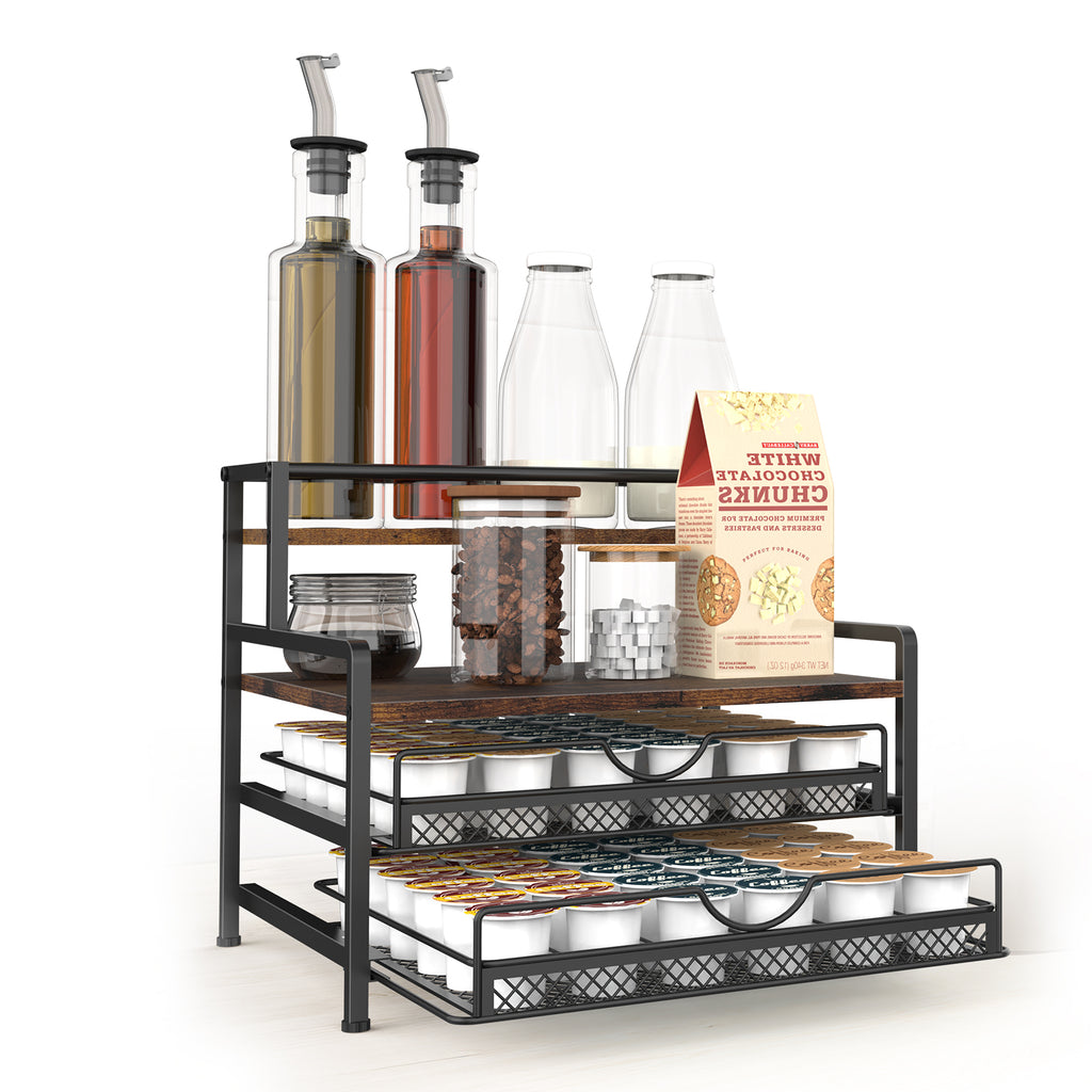 Drawer Stand Capsule Organizer, 2-layer Coffee Bag Holder with Sliding Basket, Suitable for 72 Capacity K-cups, Home Kitchen Counter Organizer, Rustic Brown, Suitable for Home Office Coffee Counter