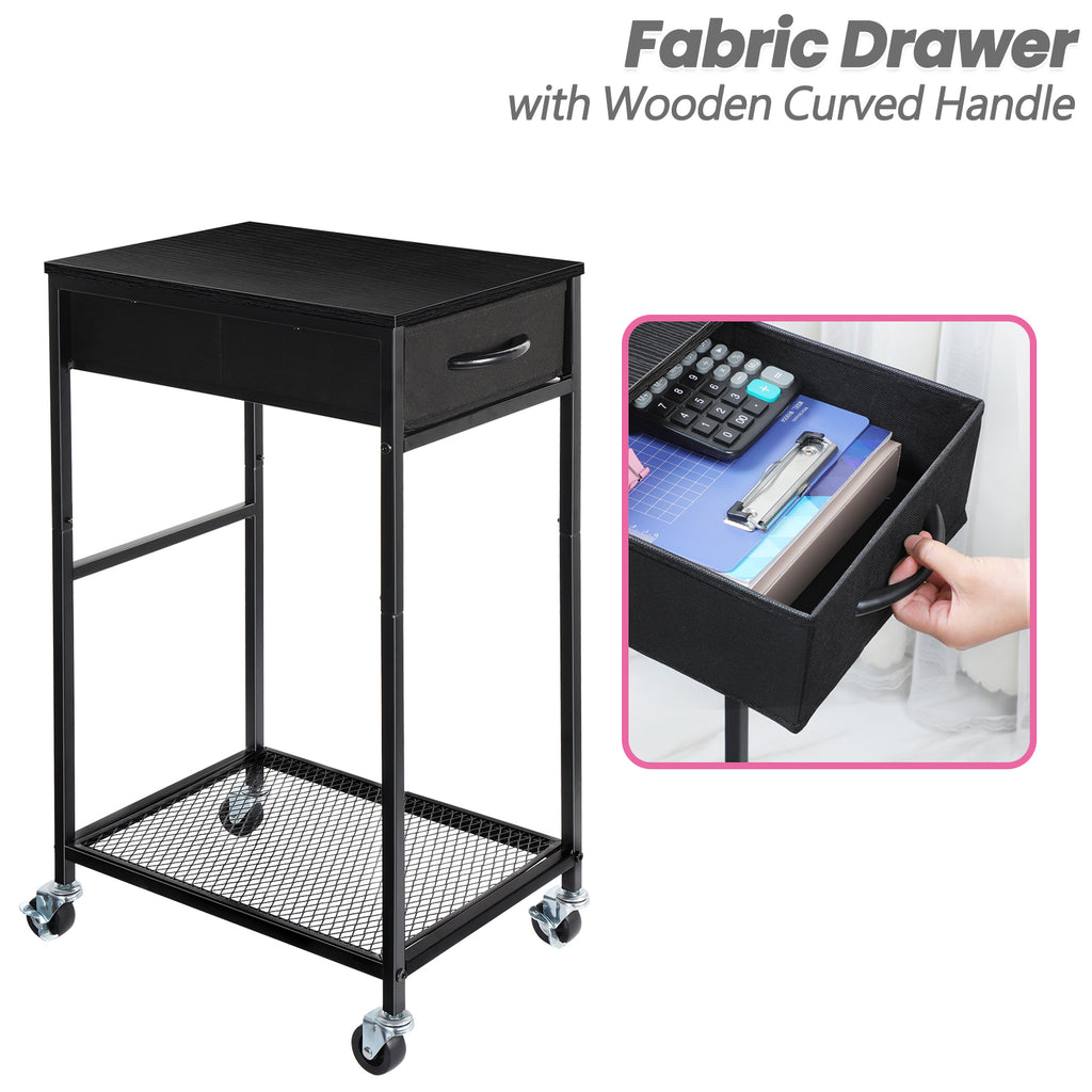 2-Tier Mobile Computer Tower Stand with Storage Drawer, Metal PC Holder on Wheels for Home Office