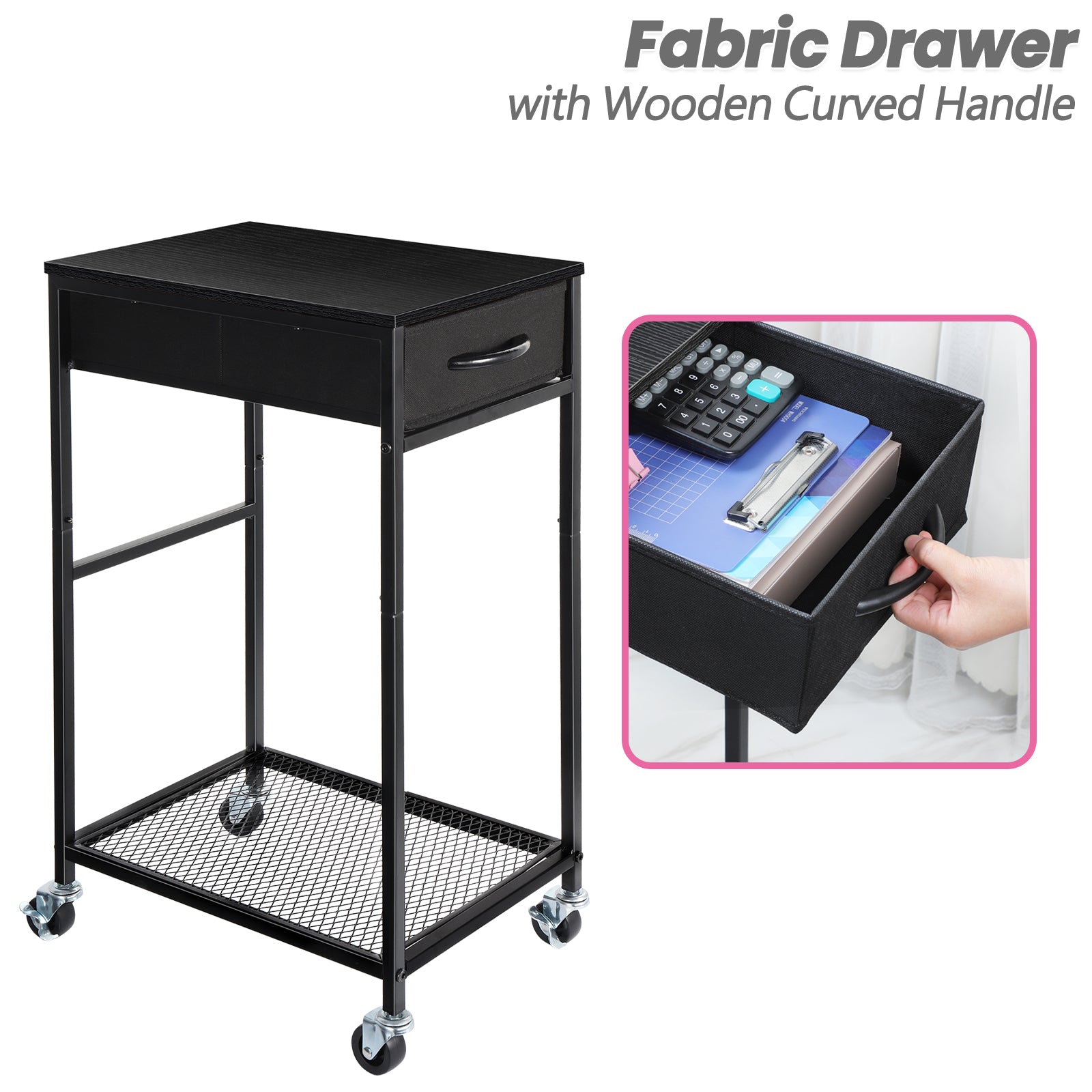 2-Tier Mobile Computer Tower Stand with Storage Drawer, Metal PC Holder on Wheels for Home Office
