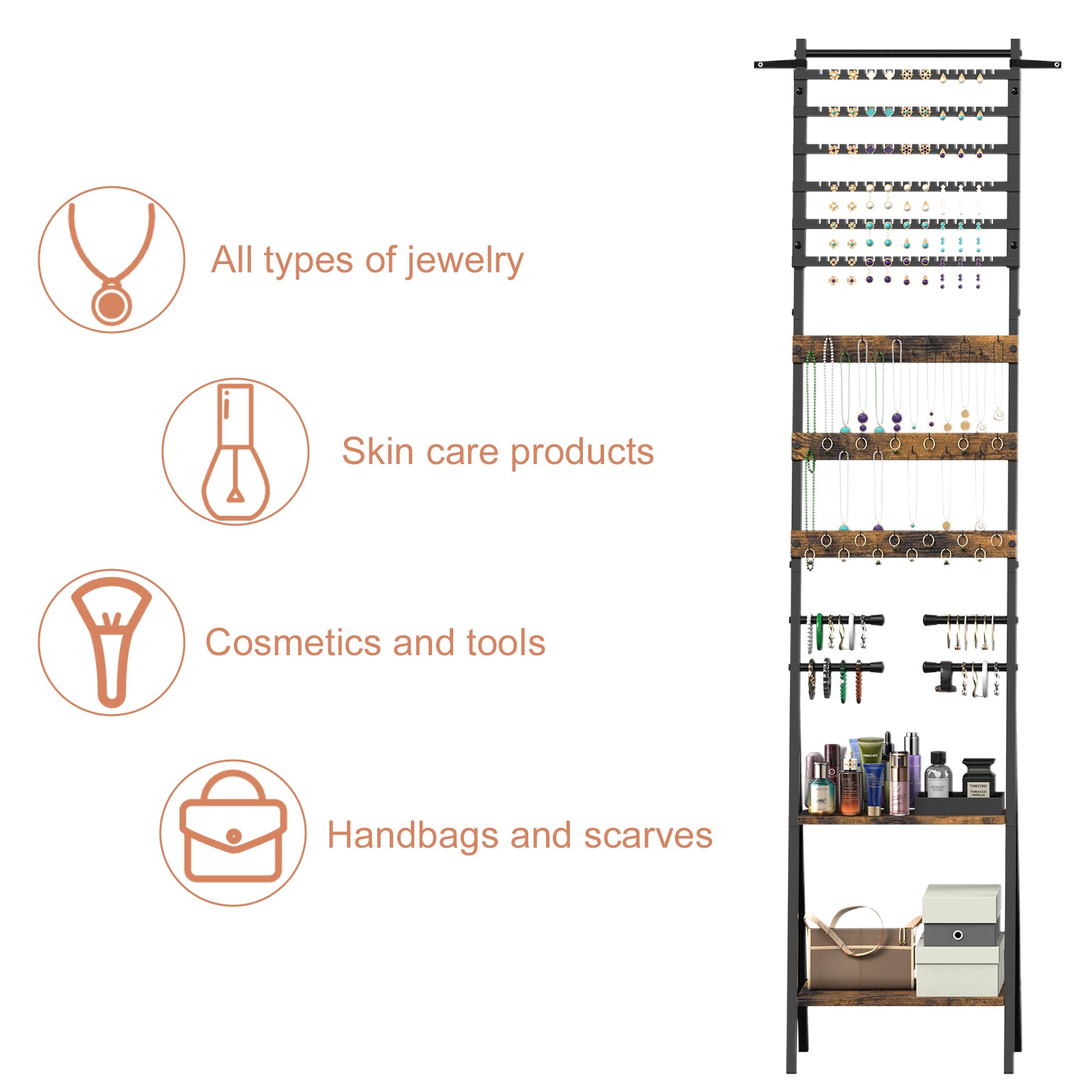 Floor-Standing Jewelry Organizer Mirror with Storage Shelves