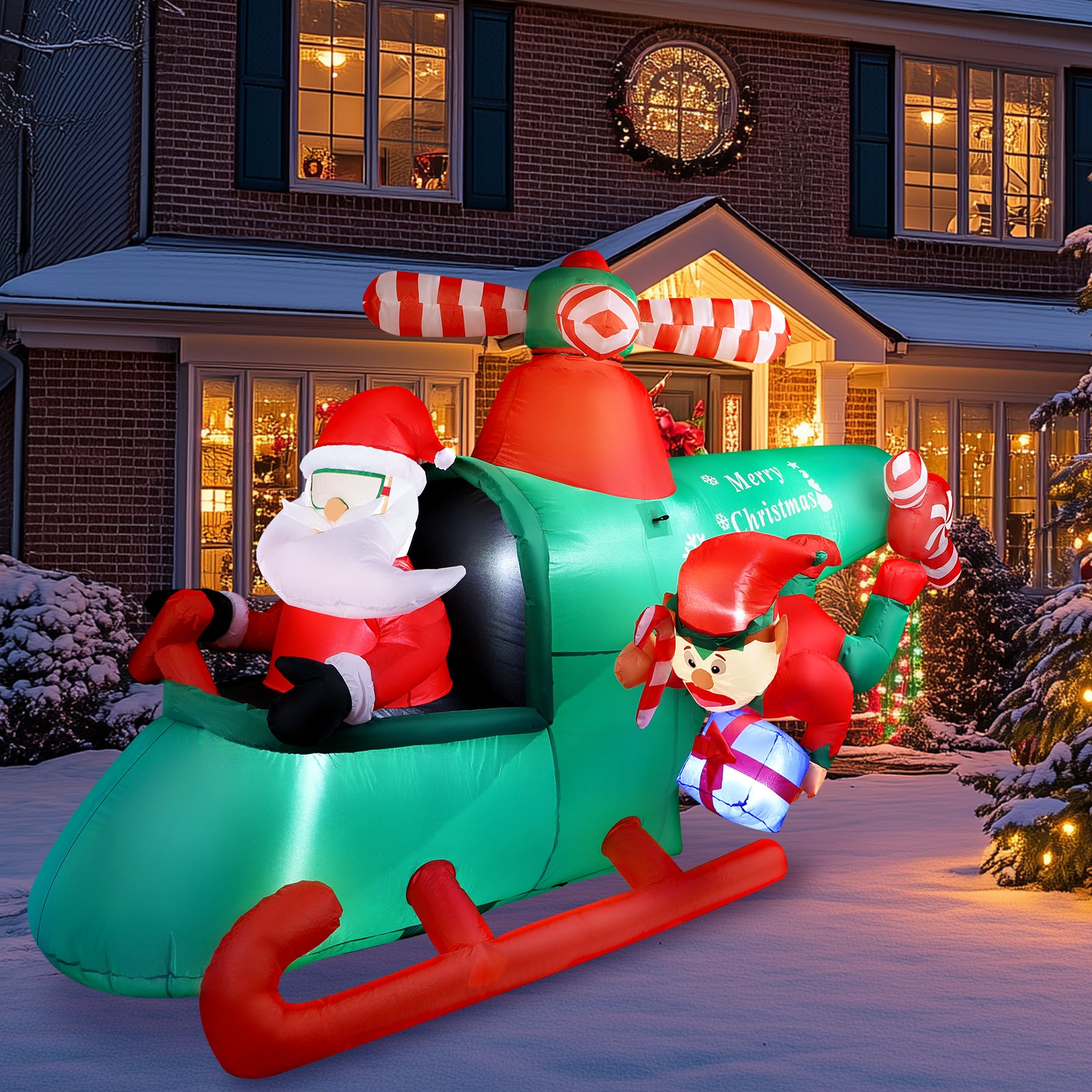 8.5FT Christmas Inflatable Santa Helicopter with Elf, Weatherproof Outdoor Xmas Decor with LED Lights