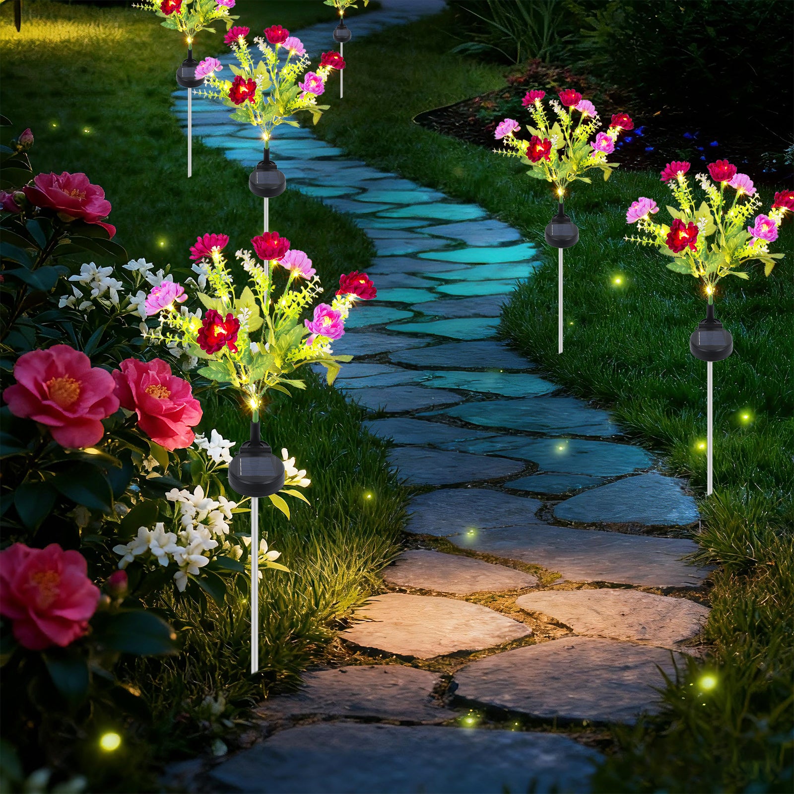 Set of 6 Solar Flower Pathway Lights - Pink & Purple 7-Head Floral Stake Lights for Garden & Yard