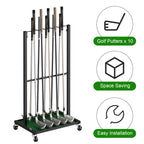 Professional Golf Club Display Stand - 10-Club Rolling Storage Rack for Garage & Indoor Use, Black,