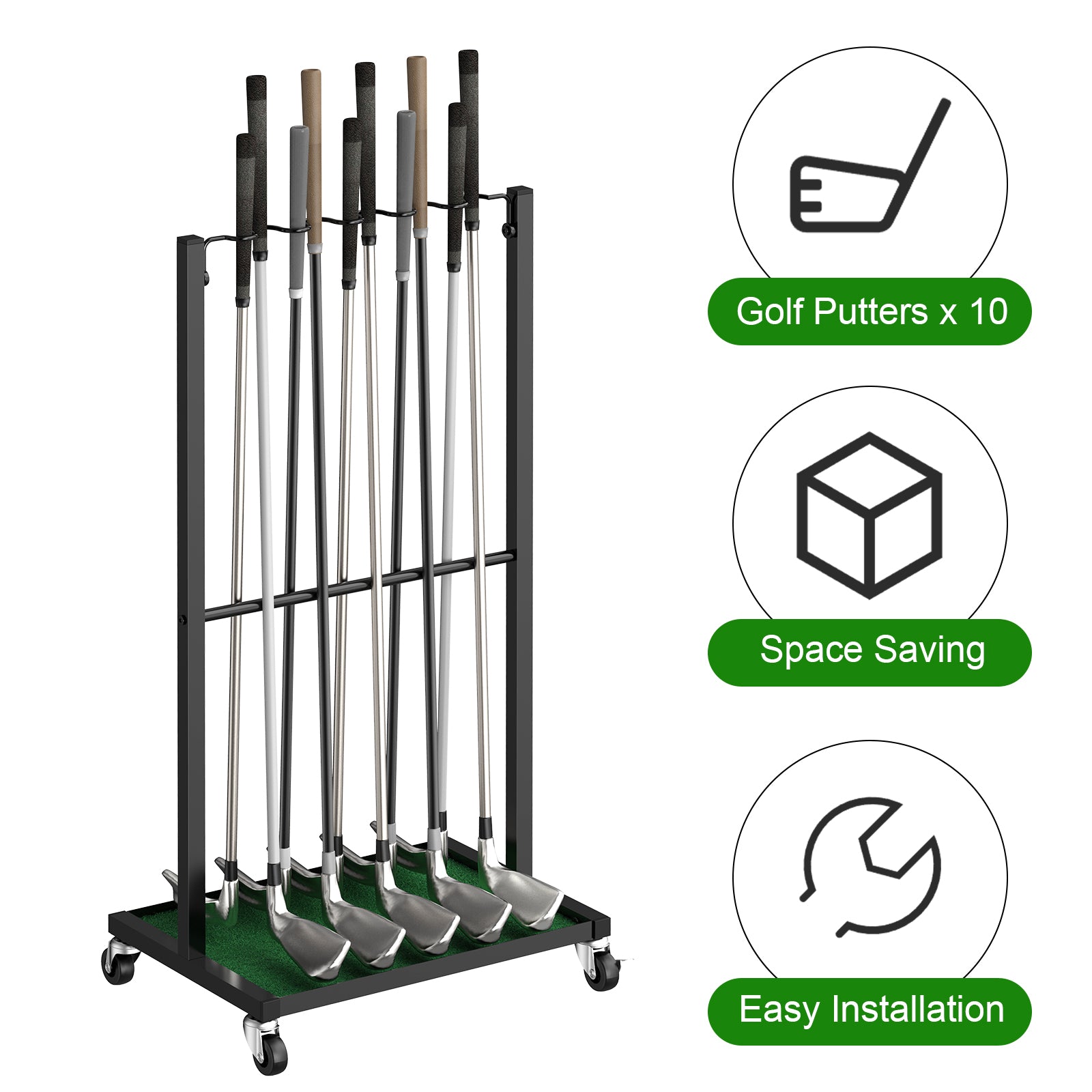 Professional Golf Club Display Stand - 10-Club Rolling Storage Rack for Garage & Indoor Use, Black,