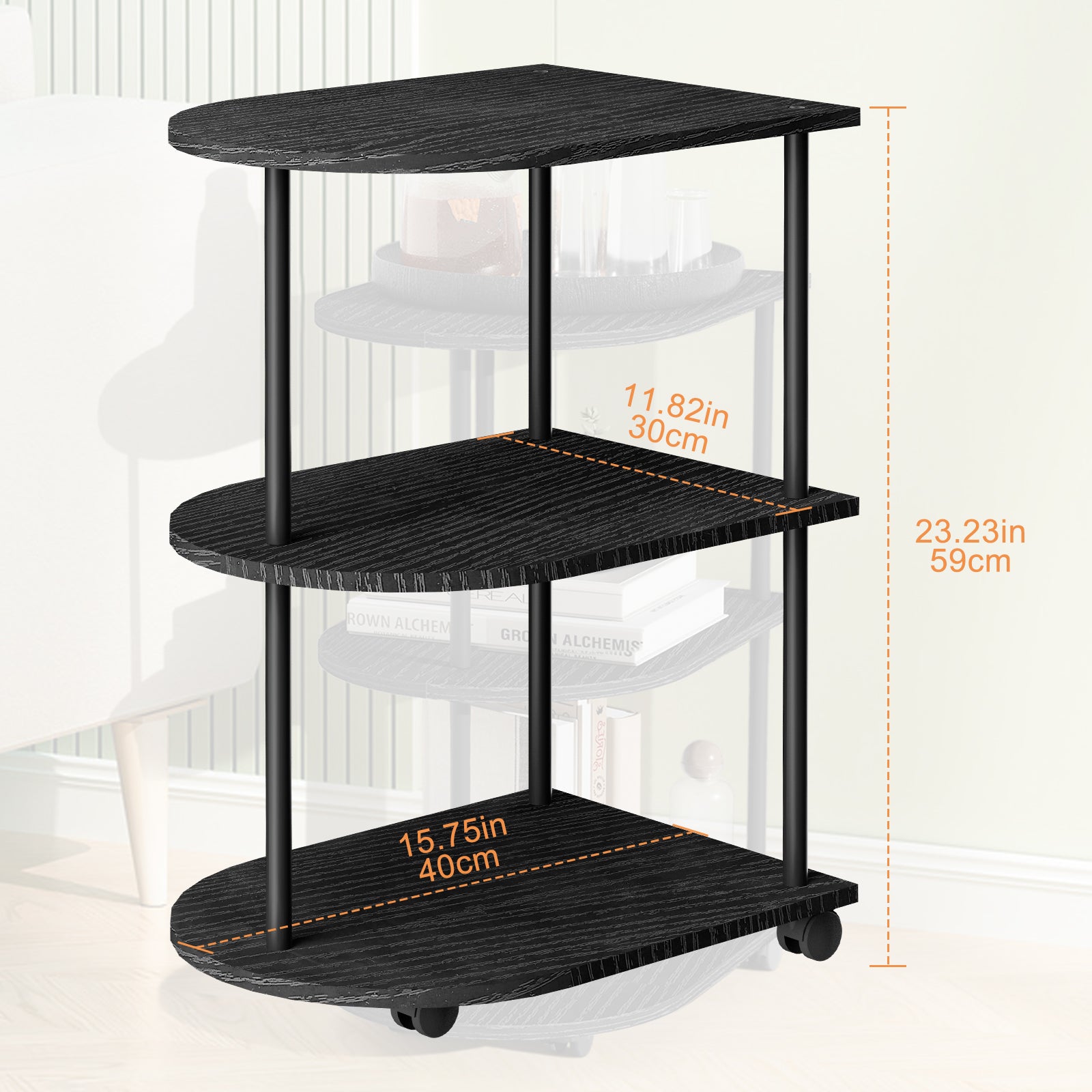 3-Tier Half Moon End Table with Rolling Casters & Storage