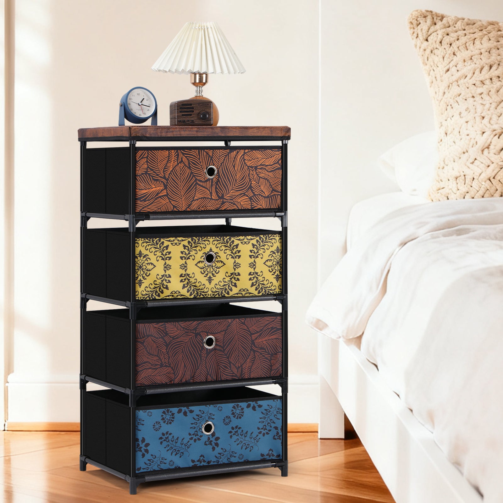 4 Drawer Fabric Dresser Storage Tower, Vertical Organizer Cabinet for Bedroom Closet Entryway Hallway Color Printed Foldable Drawers