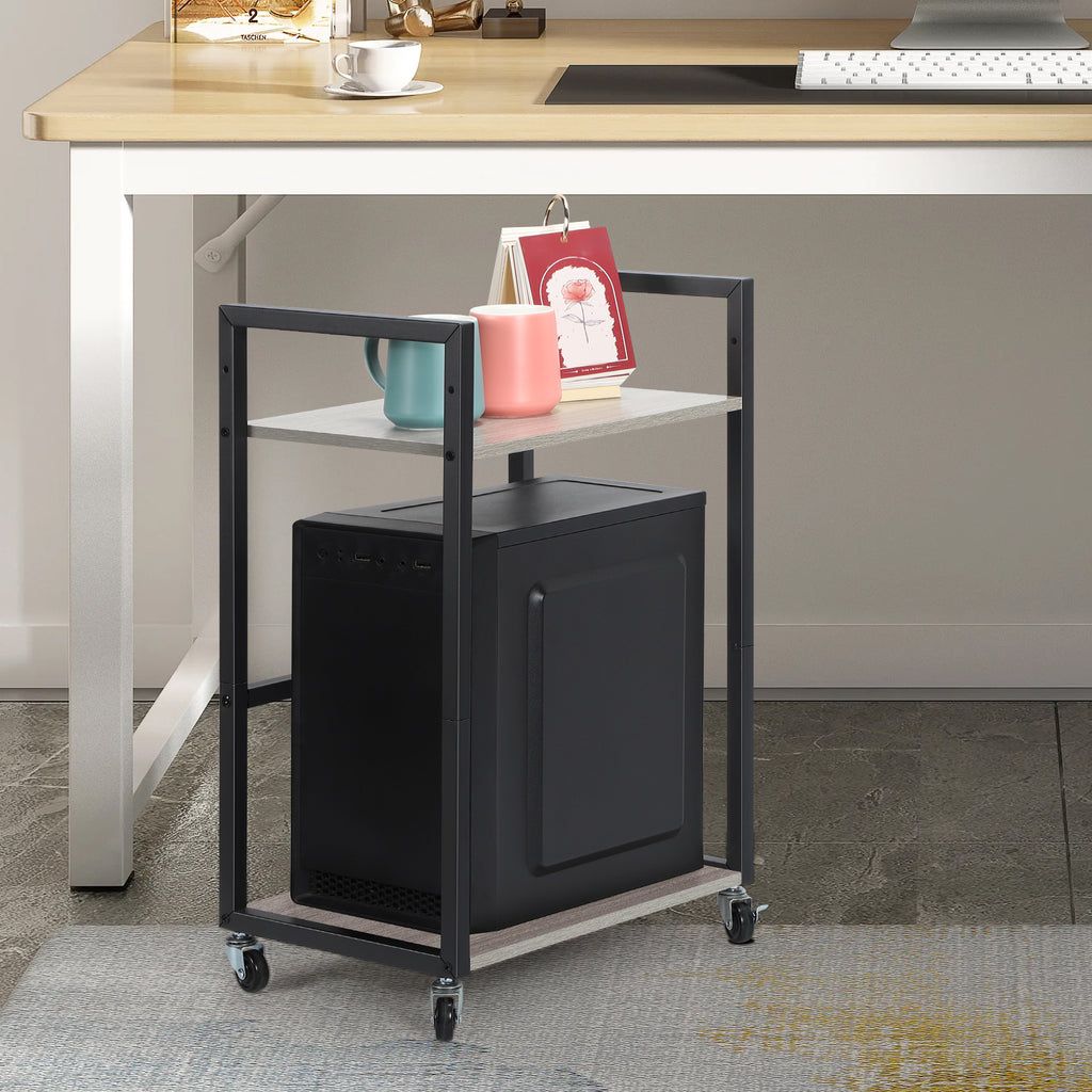 2-Tier Mobile Computer Tower Stand - Grey CPU Holder with Rolling Wheels for Home Office
