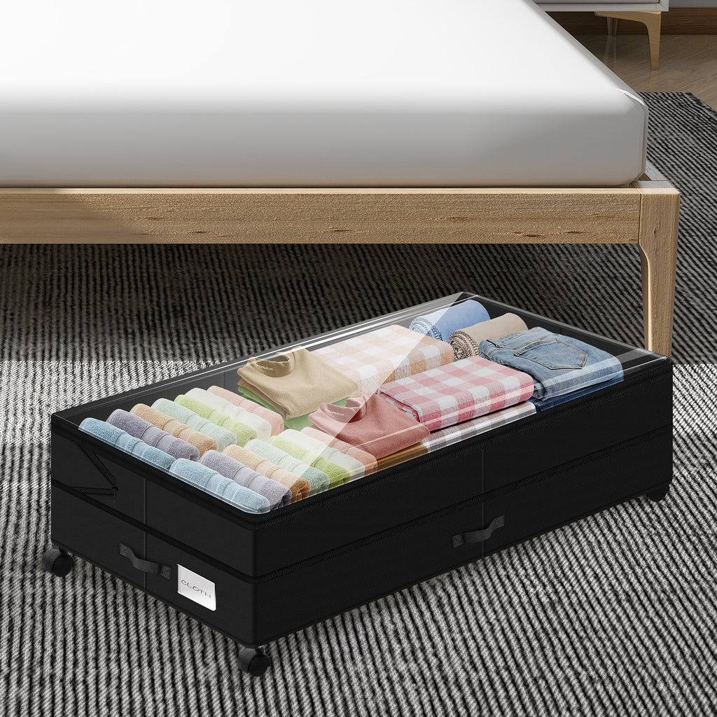 80L Rolling Under Bed Storage Container with Clear Lid - Adjustable Large Capacity Shoe & Clothes Bin with Reinforced Handles & Smooth Wheels, Black