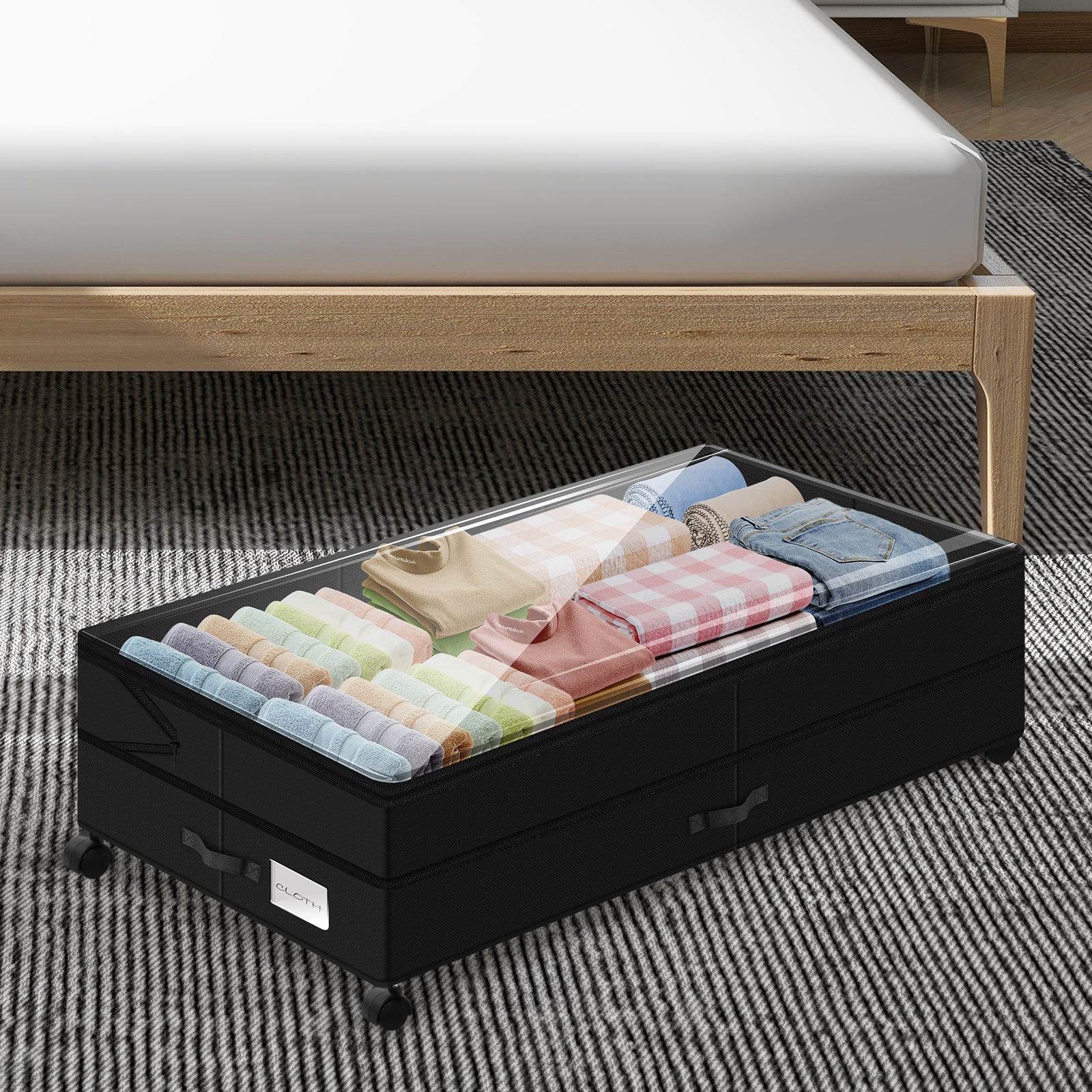 80L Rolling Under Bed Storage Container with Clear Lid - Adjustable Large Capacity Shoe & Clothes Bin with Reinforced Handles & Smooth Wheels, Black