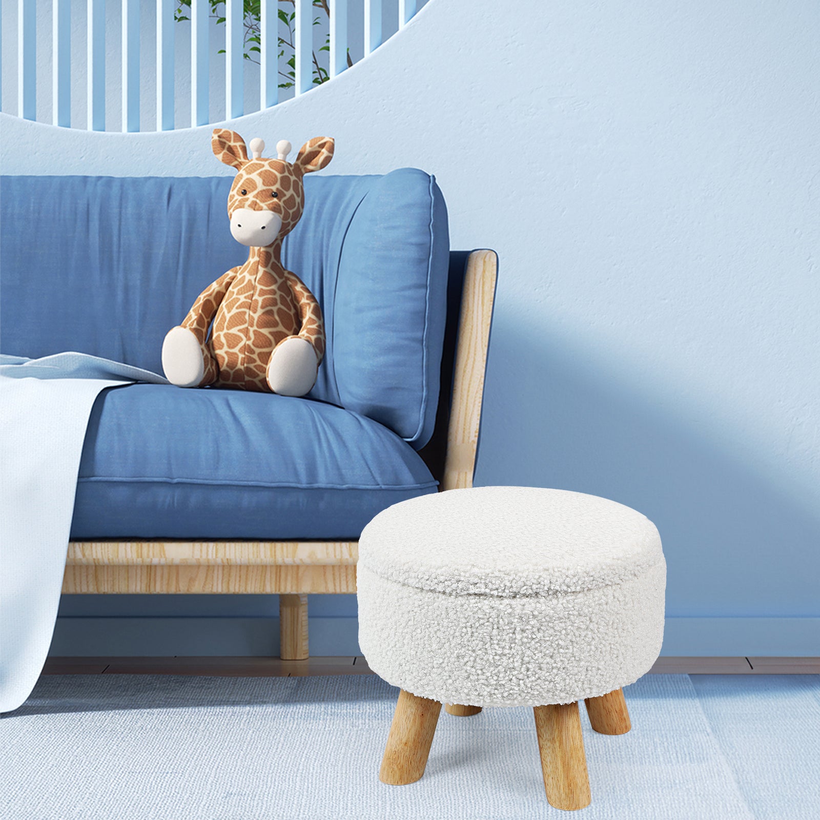 Small Round Boucle Storage Ottoman - Teddy Velvet Foot Rest with Wood Legs