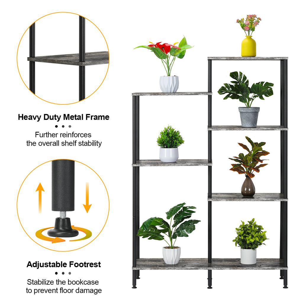 6-Tier Geometric Open Bookshelf - Farmhouse Floor Standing Display Rack & Storage Unit, Grey,