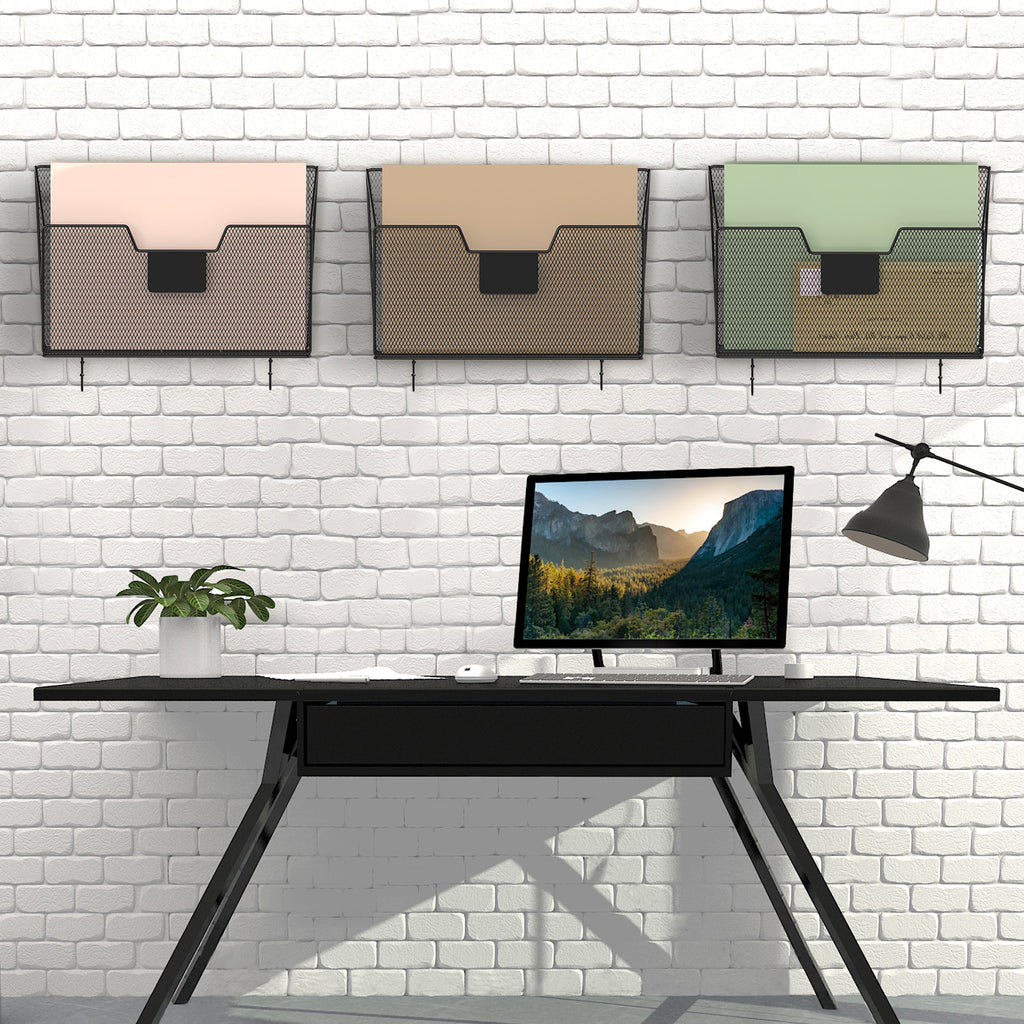 3-Pack Mesh Wall File Organizer, Hanging Document Holder with Hooks for Home & Office