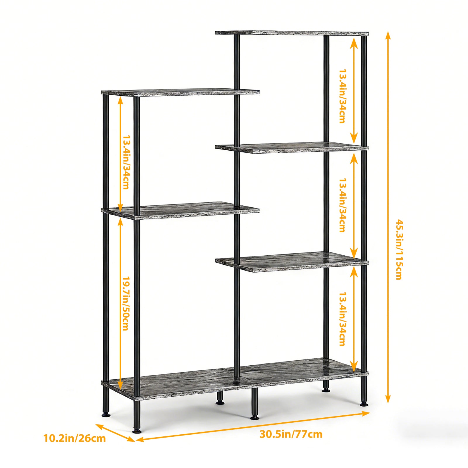 6-Tier Geometric Open Bookshelf - Farmhouse Floor Standing Display Rack & Storage Unit, Grey,