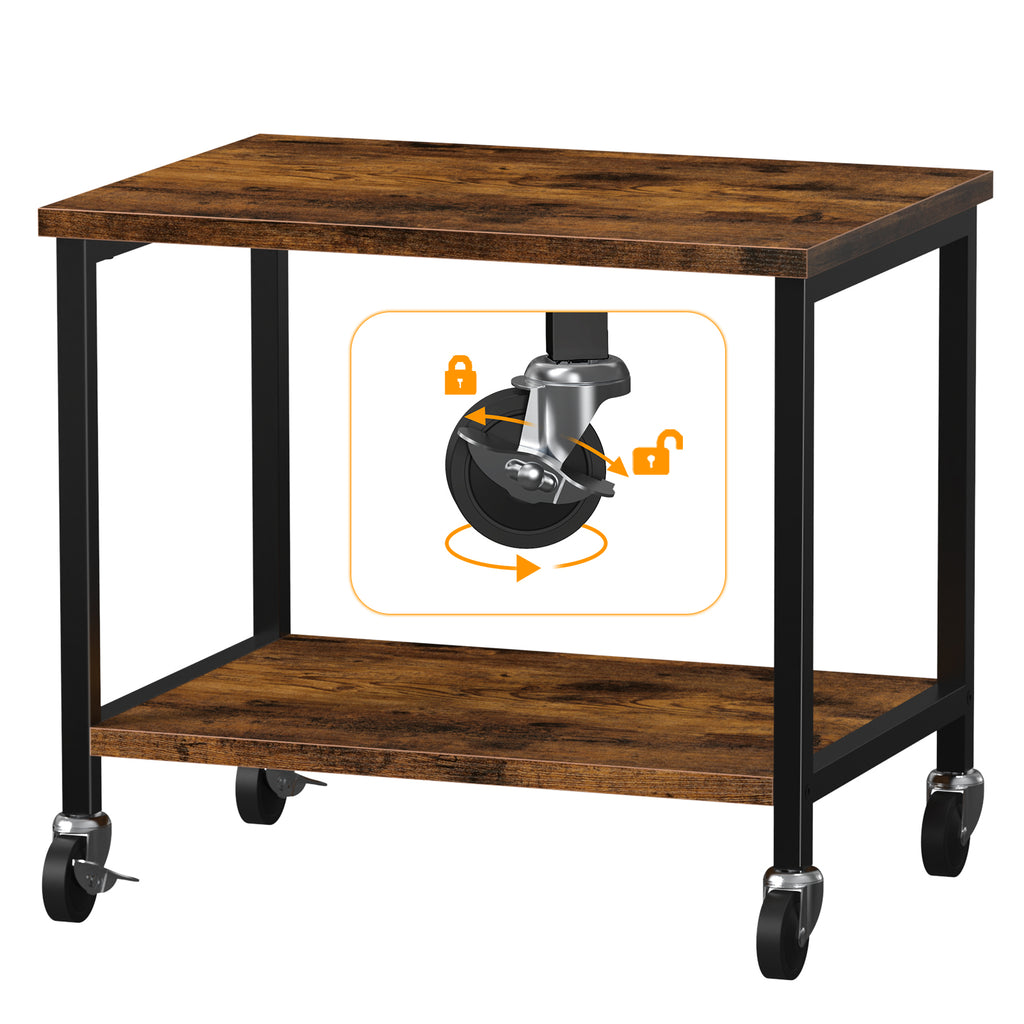 2-Tier Desktop Printer Stand - Under-Desk Rolling Office Organizer Rack with Height Adjustment, Brown,
