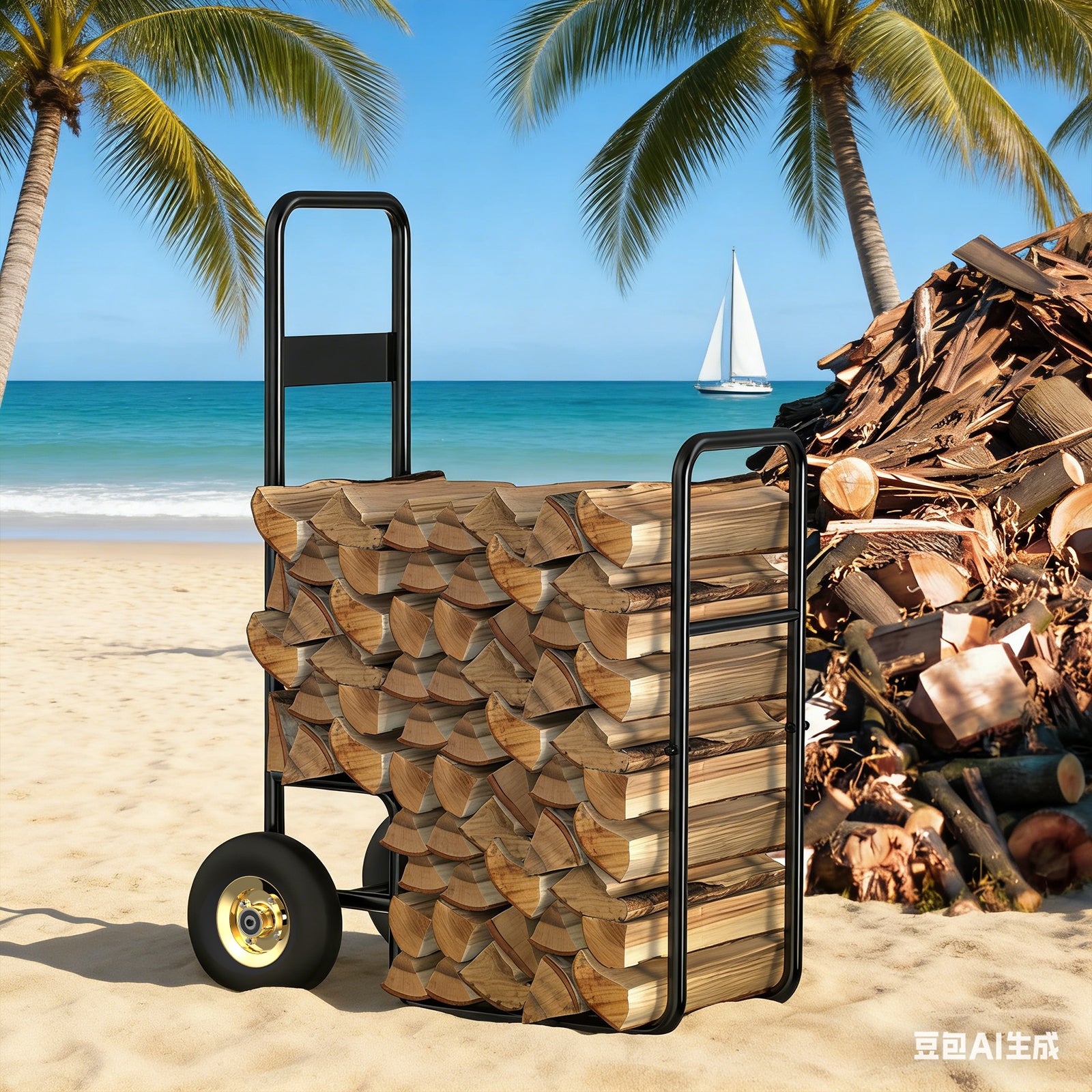 Portable 2-Tier Firewood Rack with Wheels, Heavy-Duty Firewood Cart for Indoor/Outdoor Log Storage