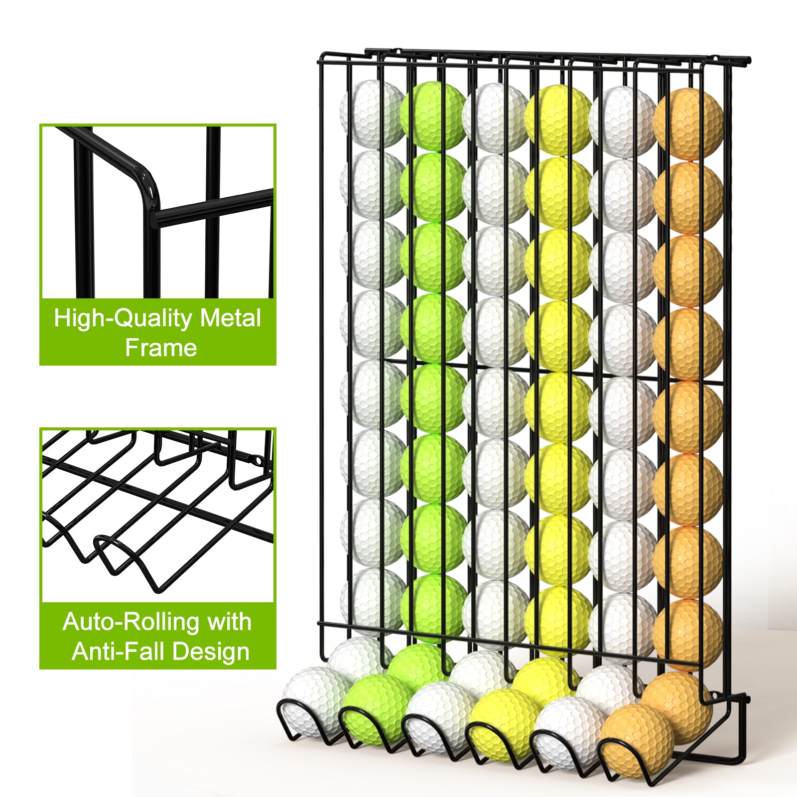 Golf Ball Display Case & Holder (60 Balls), Wall-Mount & Tabletop Steel Storage Rack for Golf Accessories