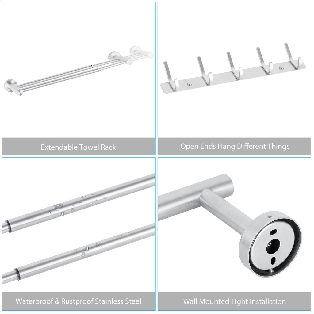 6-Piece Silver Bathroom Accessories Set - Adjustable Towel Bar, Toilet Paper Holder & Robe Hooks