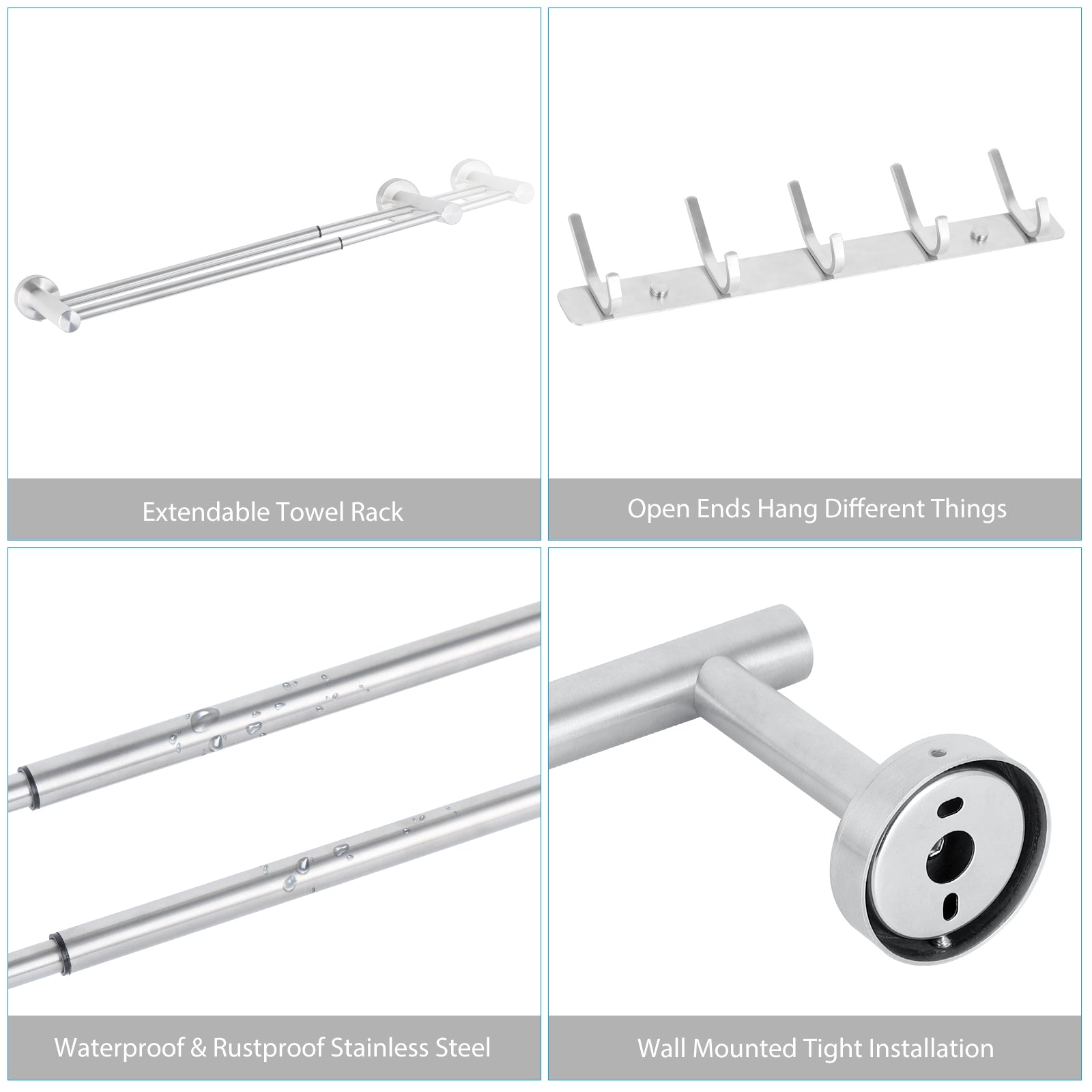 6-Piece Silver Bathroom Accessories Set - Adjustable Towel Bar, Toilet Paper Holder & Robe Hooks