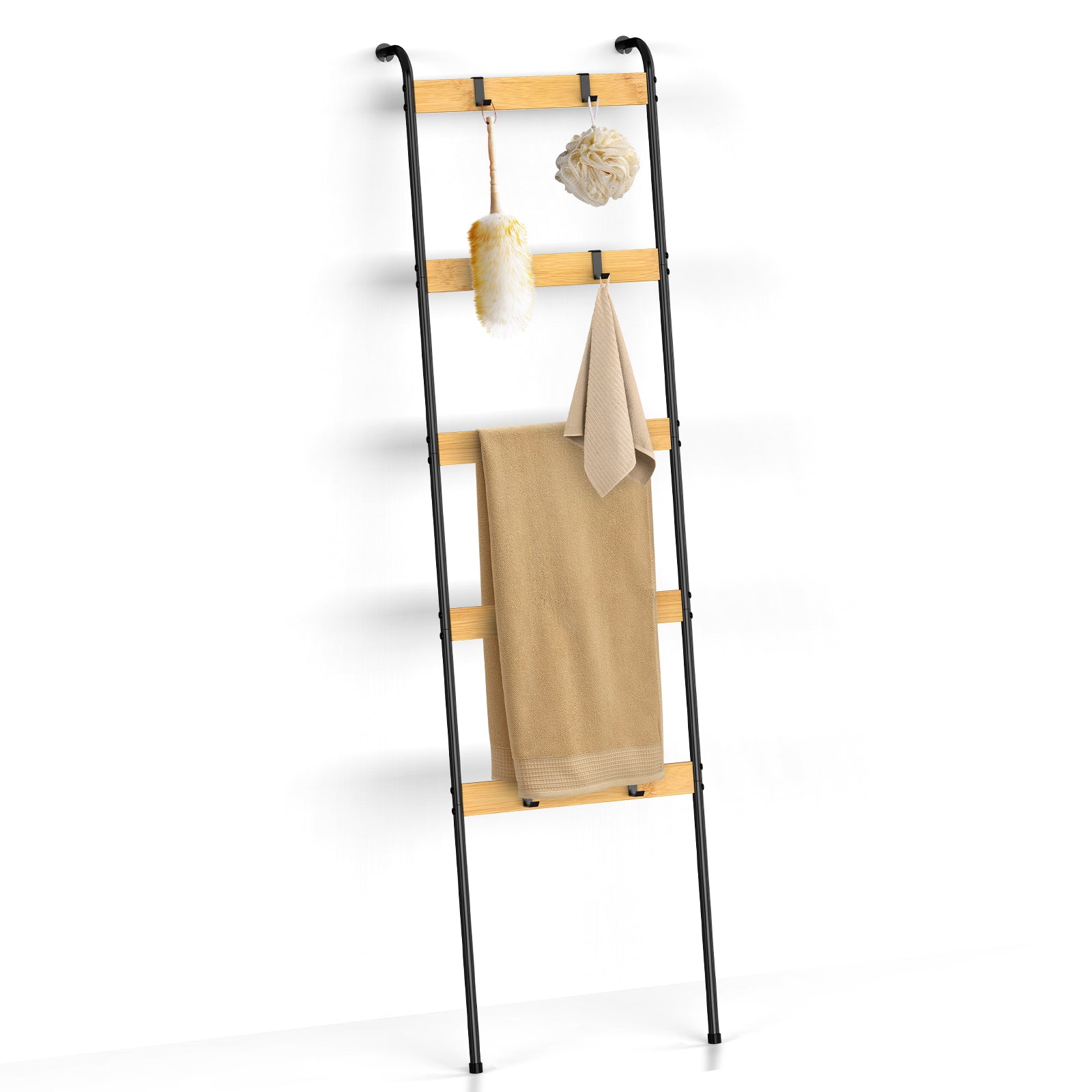5-Tier Blanket Ladder with 10 Removable Hooks - Wall-Leaning Towel Rack & Scarf Organizer for Bedroom & Bathroom, Modern Home Decor Stand, Black