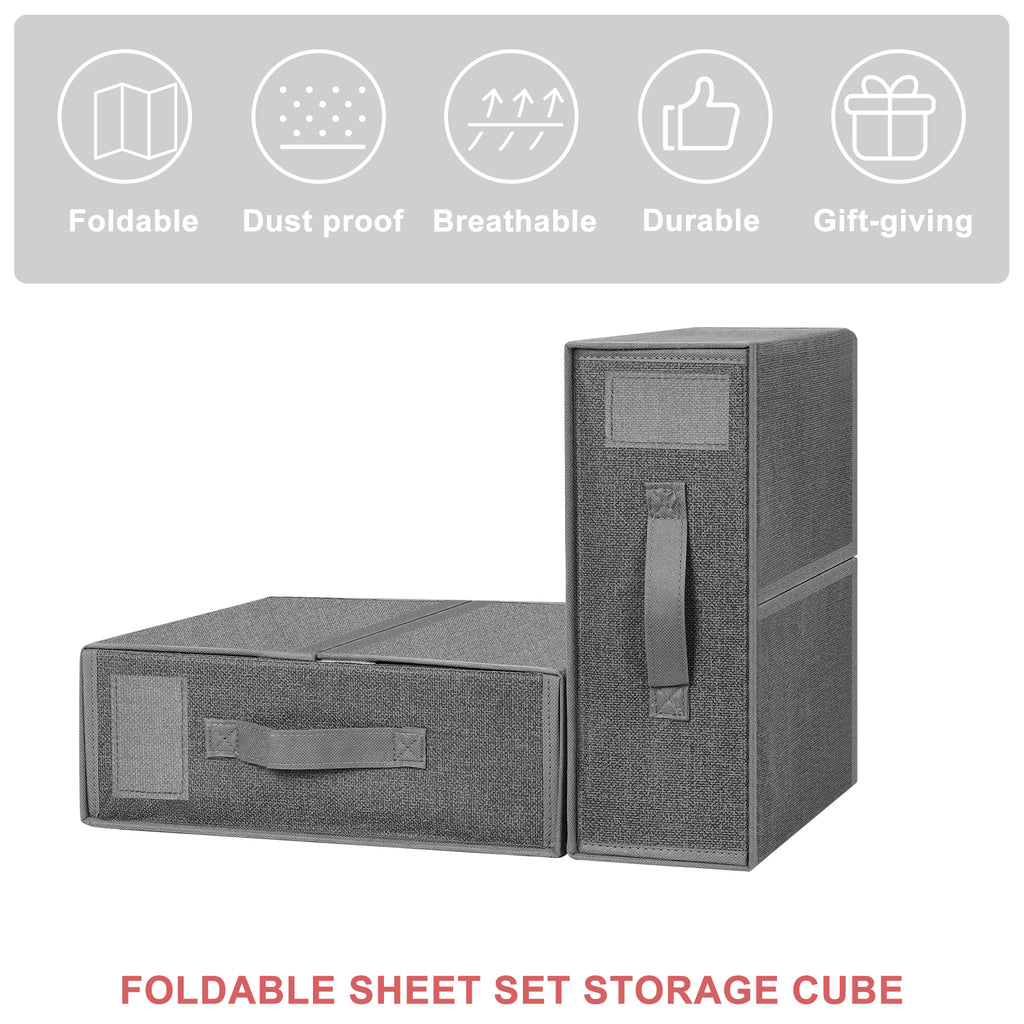 2-Pack Bed Sheet Storage Organizers - Grey Linen Closet Box with Label Pocket & Zipper