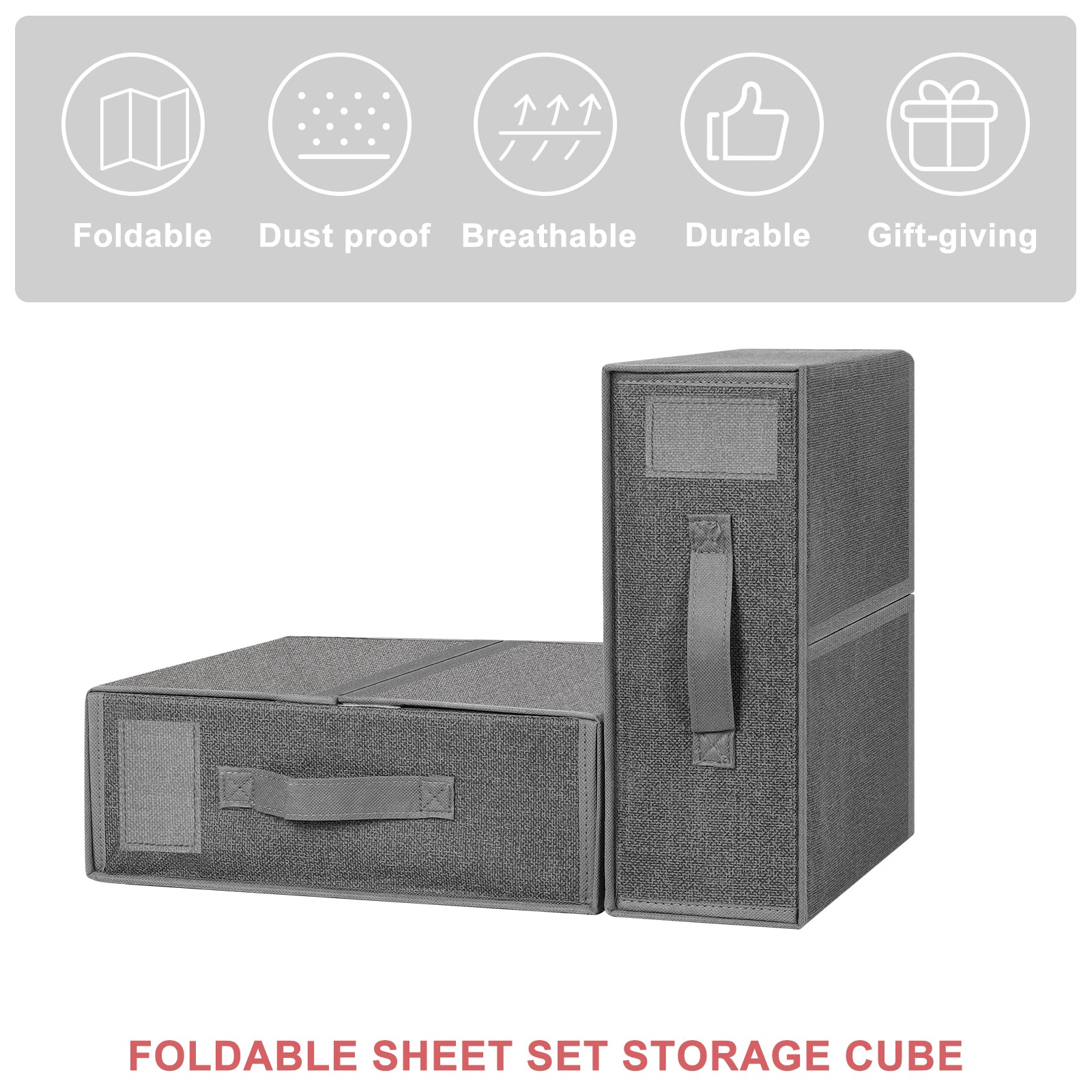 2-Pack Bed Sheet Storage Organizers - Grey Linen Closet Box with Label Pocket & Zipper