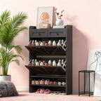 Modern 3-Tier Flip Drawer Shoe Cabinet - Narrow Entryway Organizer for 24-32 Pairs, Black Farmhouse Style