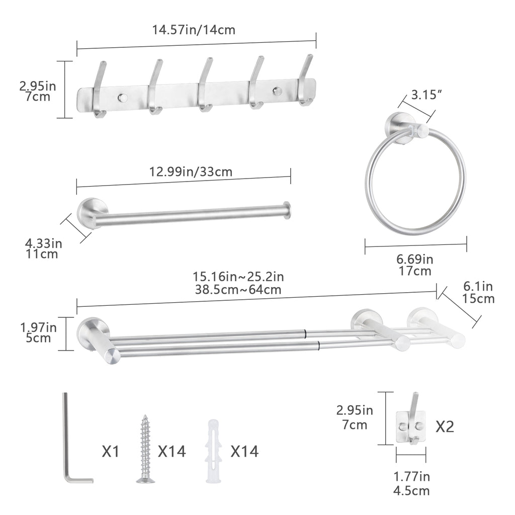 6-Piece Silver Bathroom Accessories Set - Adjustable Towel Bar, Toilet Paper Holder & Robe Hooks