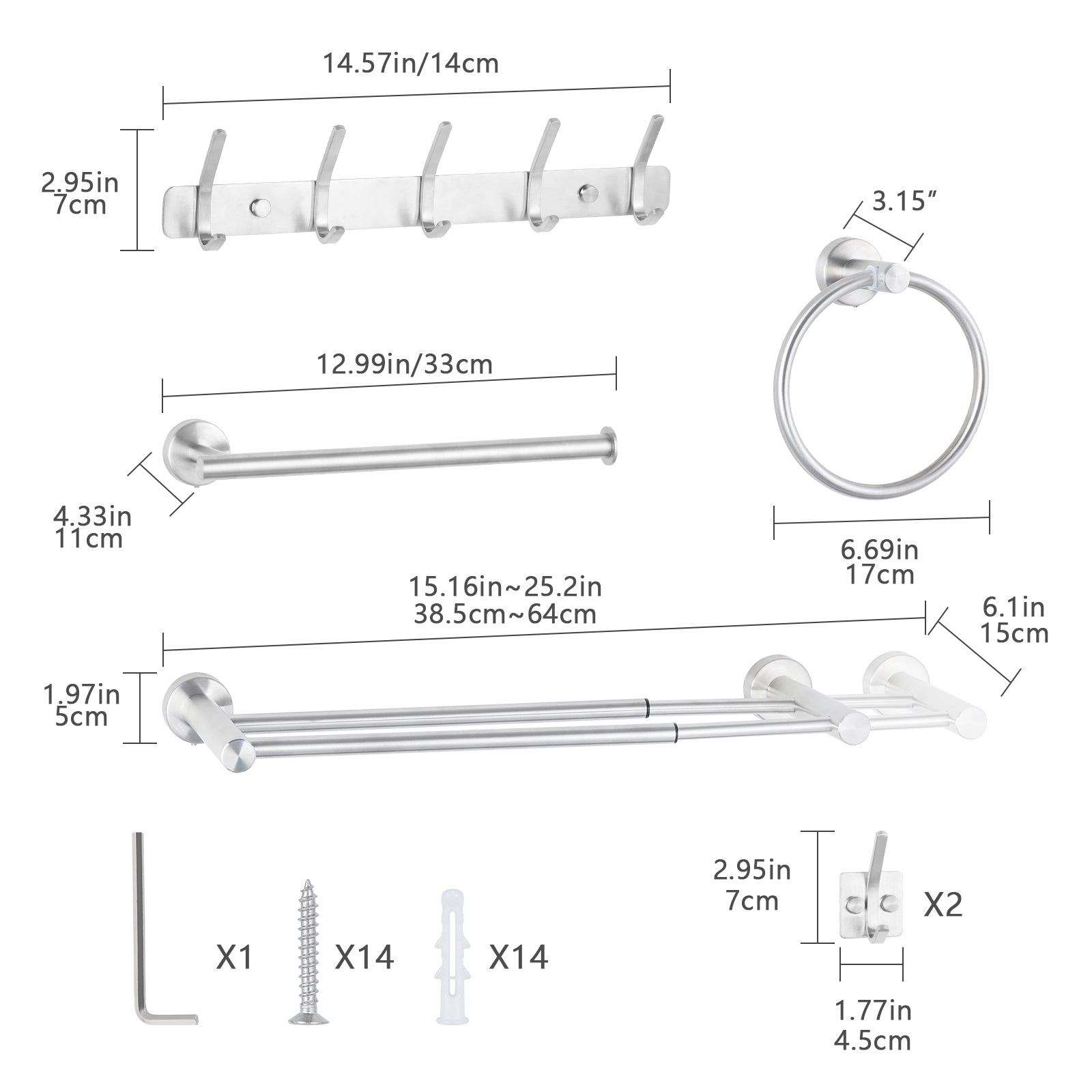 6-Piece Silver Bathroom Accessories Set - Adjustable Towel Bar, Toilet Paper Holder & Robe Hooks