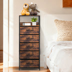 5-Drawer Tall Fabric Dresser - Brown Chest of Drawers with 2-Tier Wood Top for Small Spaces