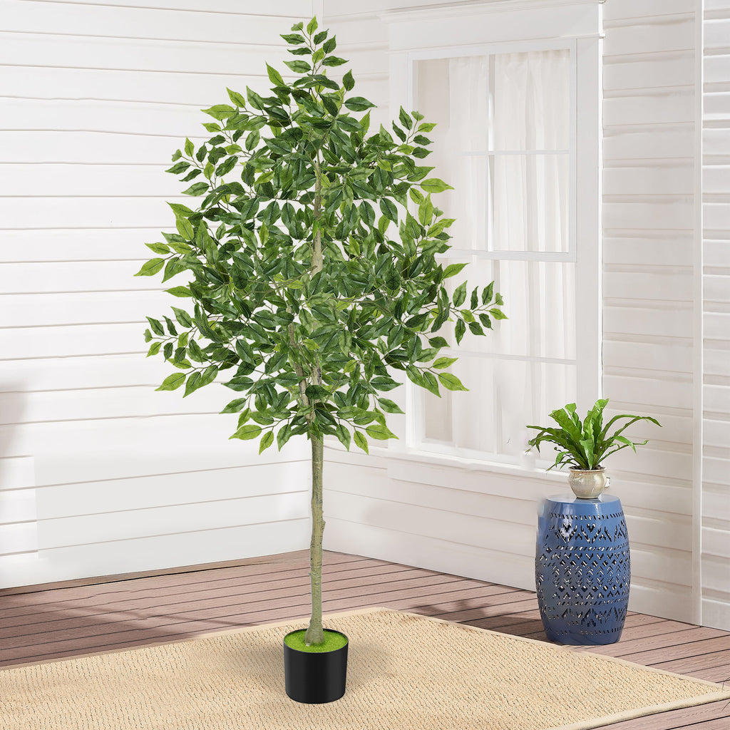 6ft Artificial Ficus Tree, Tall Lifelike Silk Leaf Plant with Real Wood Trunk for Indoor Home and Office Floor Decoration