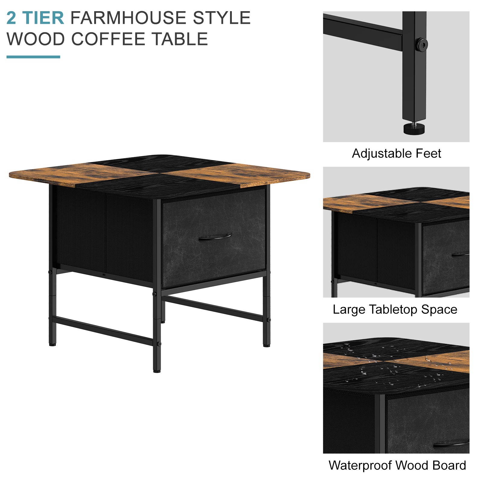24" Square Industrial Coffee Table - Rustic End Table with 2 Storage Drawers for Small Living Rooms,