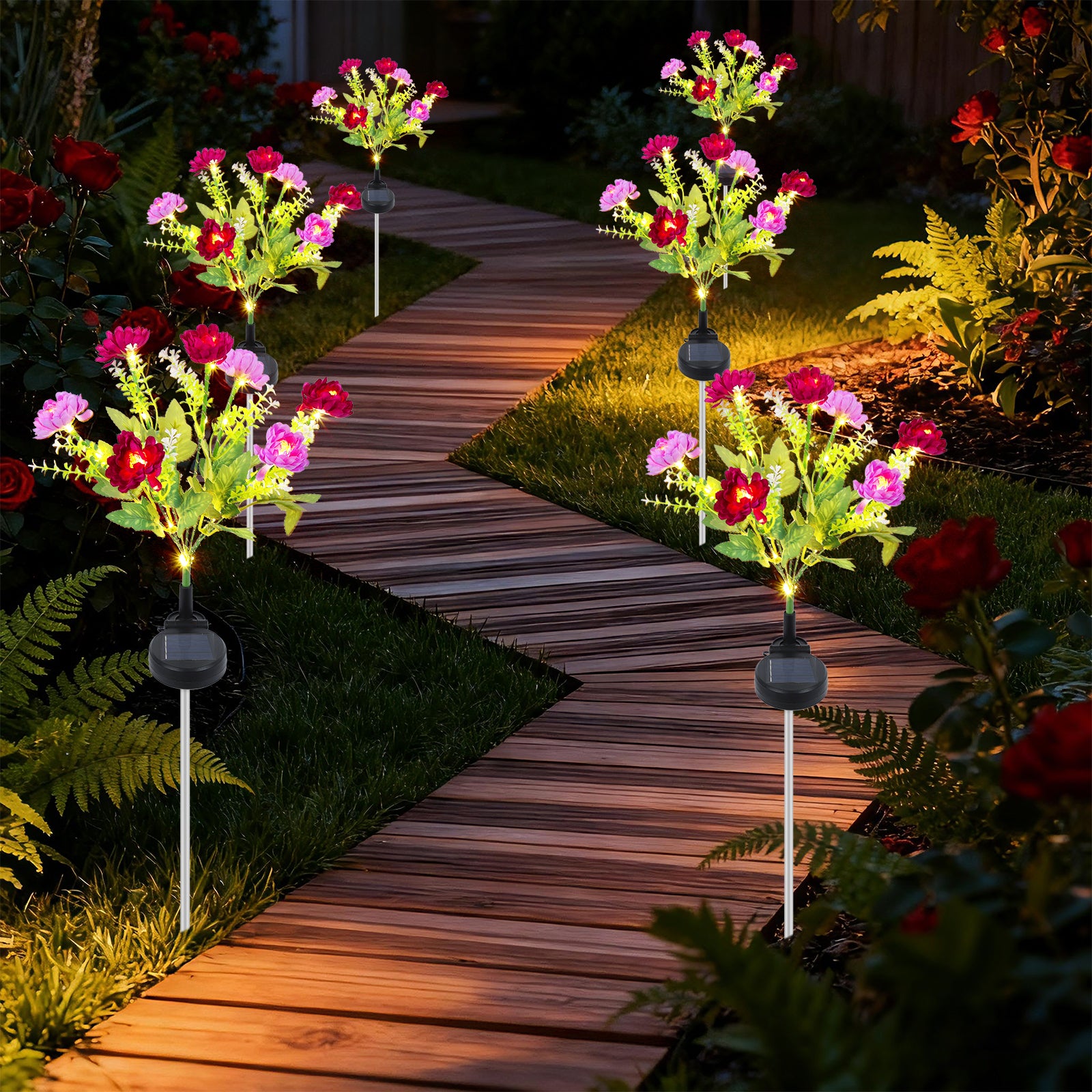 Set of 6 Solar Flower Pathway Lights - Pink & Purple 7-Head Floral Stake Lights for Garden & Yard