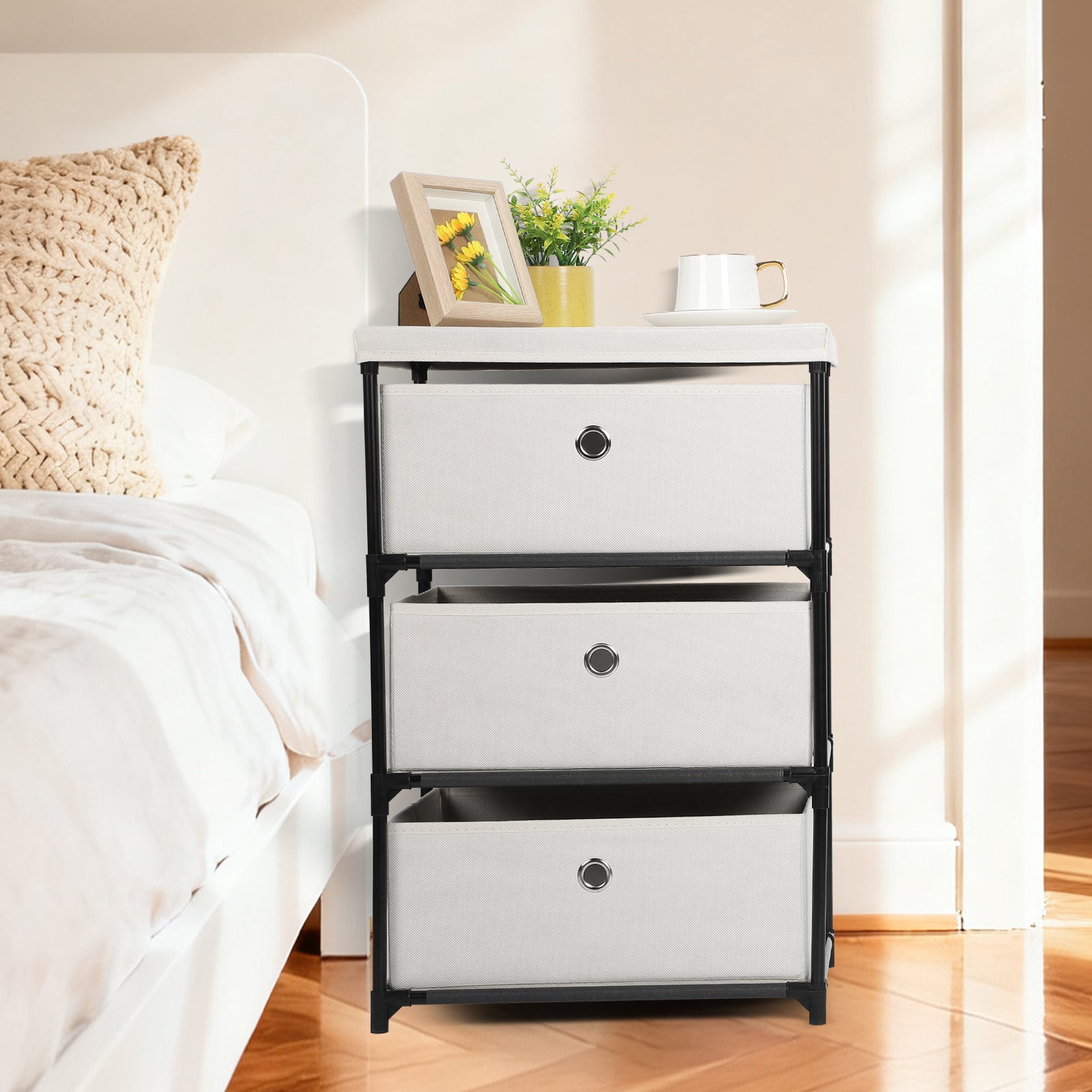 2-Pack Small White Fabric Dressers - Matching 3-Drawer Storage Units for Bedroom & Nursery