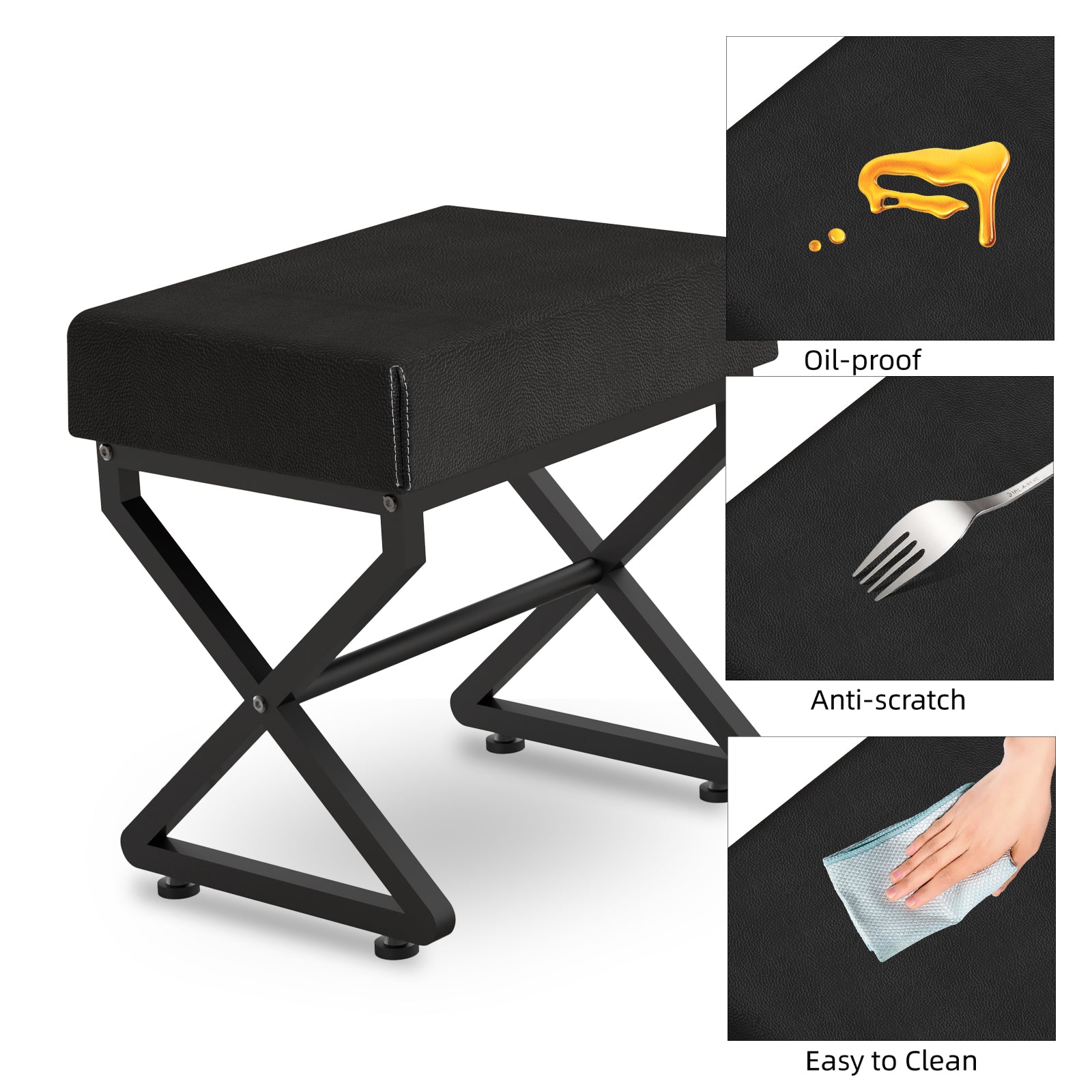 19.69 Inch X Frame Vanity Stool, Waterproof PU Leather Padded Makeup Ottoman Bench, Heavy Duty Black Metal X Leg Foot Rest Stool, Multi Use Shoe Stool for Bedroom Entryway Living Room