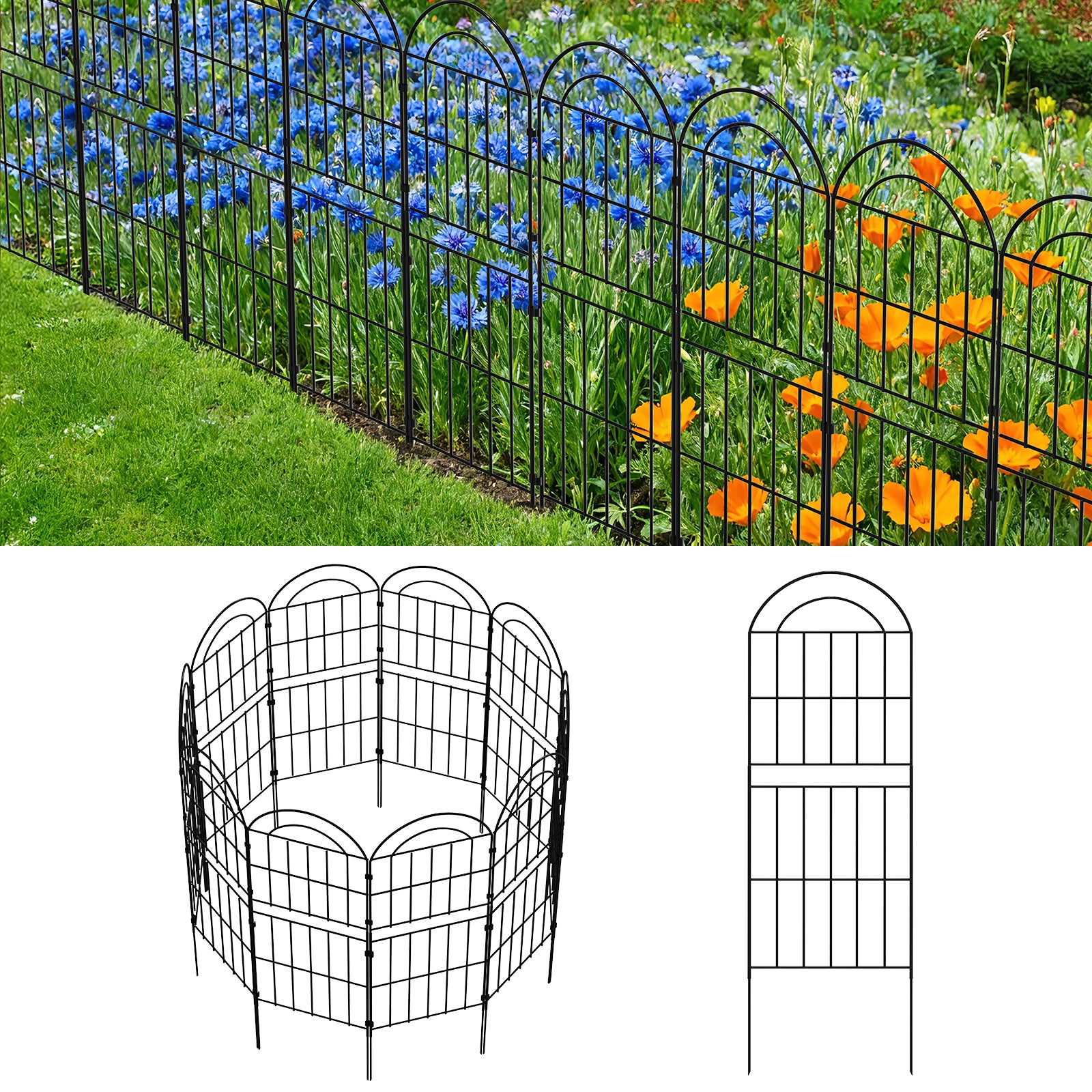 Double-Layer Decorative Garden Fence - 10-Pack Black Metal Wire Pet Barrier & Landscape Edging,